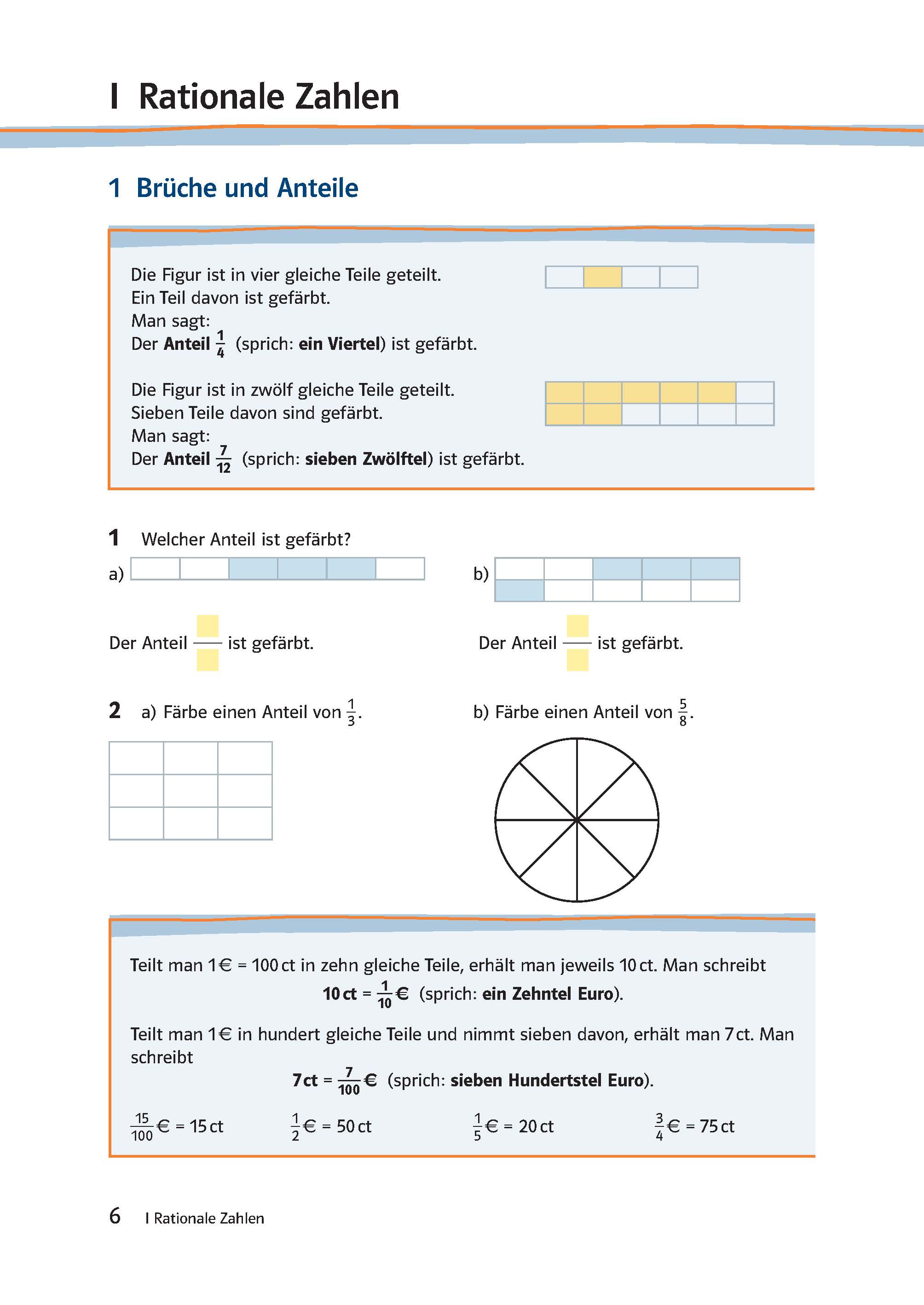 Eine Seite im Mathe-Arbeitsheft mit Diagrammen und Übungen zu Brüchen, Teilen eines Ganzen und Teilen von Gegenständen wie Schokoladenriegeln und Geld.