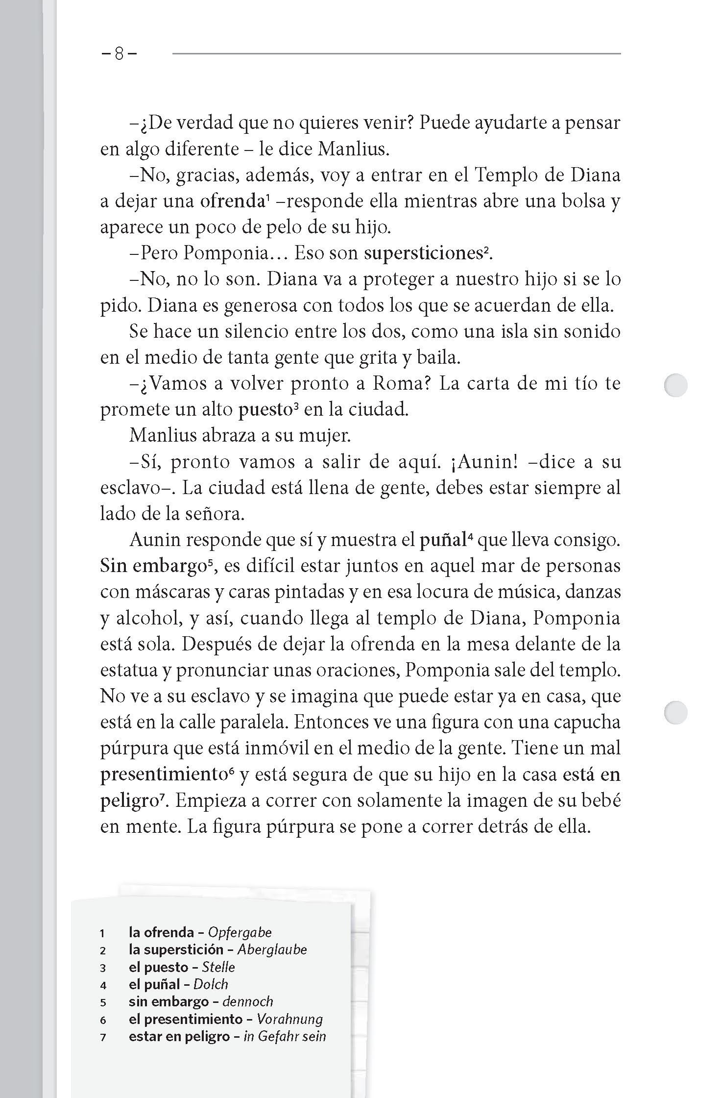 Eine Seite aus einem spanischen Roman enthält Dialoge zwischen Figuren, die über einen Besuch im Dianas-Tempel sprechen, Gefühle ausdrücken und eine Rückkehr nach Hause in Erwägung ziehen. Der Text ist in Absätzen formatiert.