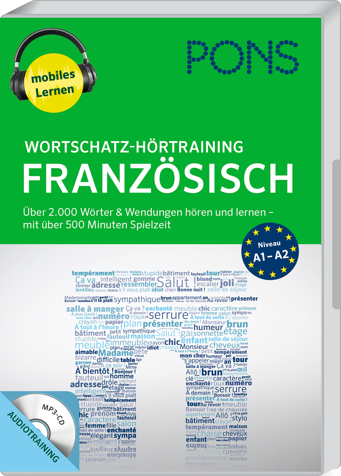 Cover eines PONS-Hörtrainingsbuchs für französische Vokabeln mit blau-grünem Design und einer großen Wortwolke in Form von Frankreich.
