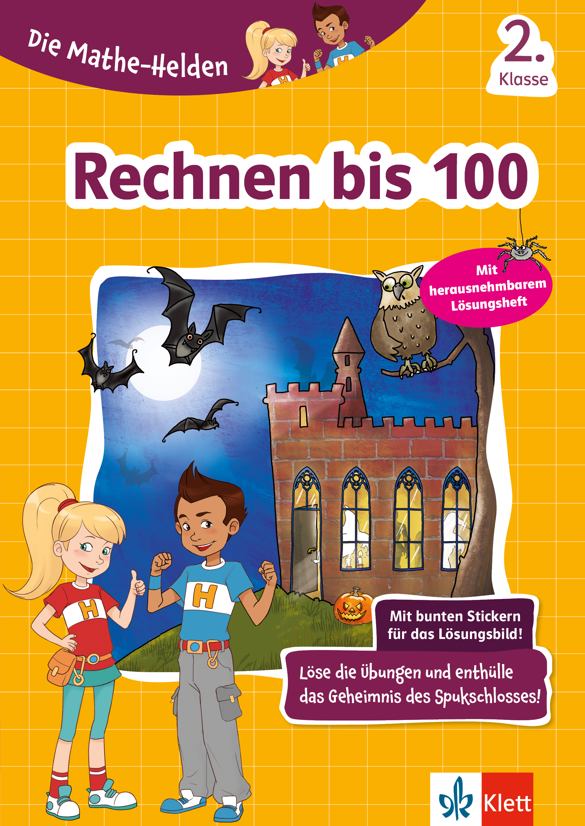 Zwei Cartoon-Kinder stehen vor einem nächtlichen Gruselschloss mit Fledermäusen und einer Kürbislaterne. Der Text ist auf Deutsch und wirbt für ein Mathebuch für die zweite Klasse.