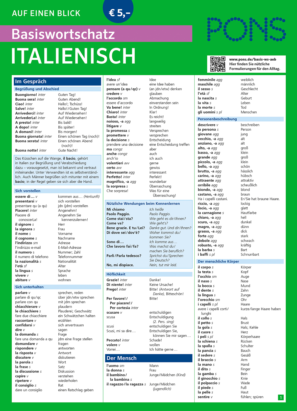 Eine deutsch-italienische Vokabeltabelle von PONS, die grundlegende italienische Wörter und Sätze mit ihren deutschen Übersetzungen auflistet, geordnet nach Themen wie Begrüßung, Familie und Körperteile.
