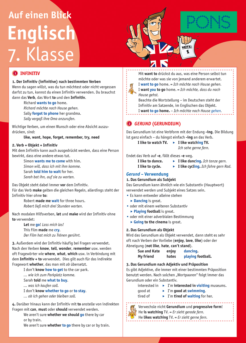 Ein deutschsprachiges Lernposter für die 7. Klasse Englisch behandelt die Infinitiv- und Gerundiumformen mit Erklärungen, Beispielen und einer illustrierten Figur mit einer britischen Flagge.