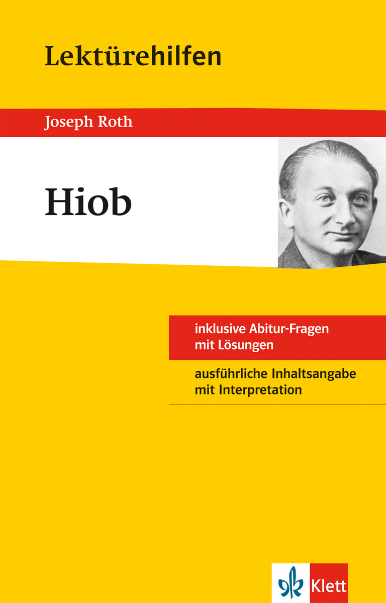 Umschlag eines Studienführers für Joseph Roths Hiob, mit einem Schwarz-Weiß-Porträt, gelben und roten Abschnitten und Text, der Prüfungsfragen, Zusammenfassungen und Interpretationen hervorhebt.