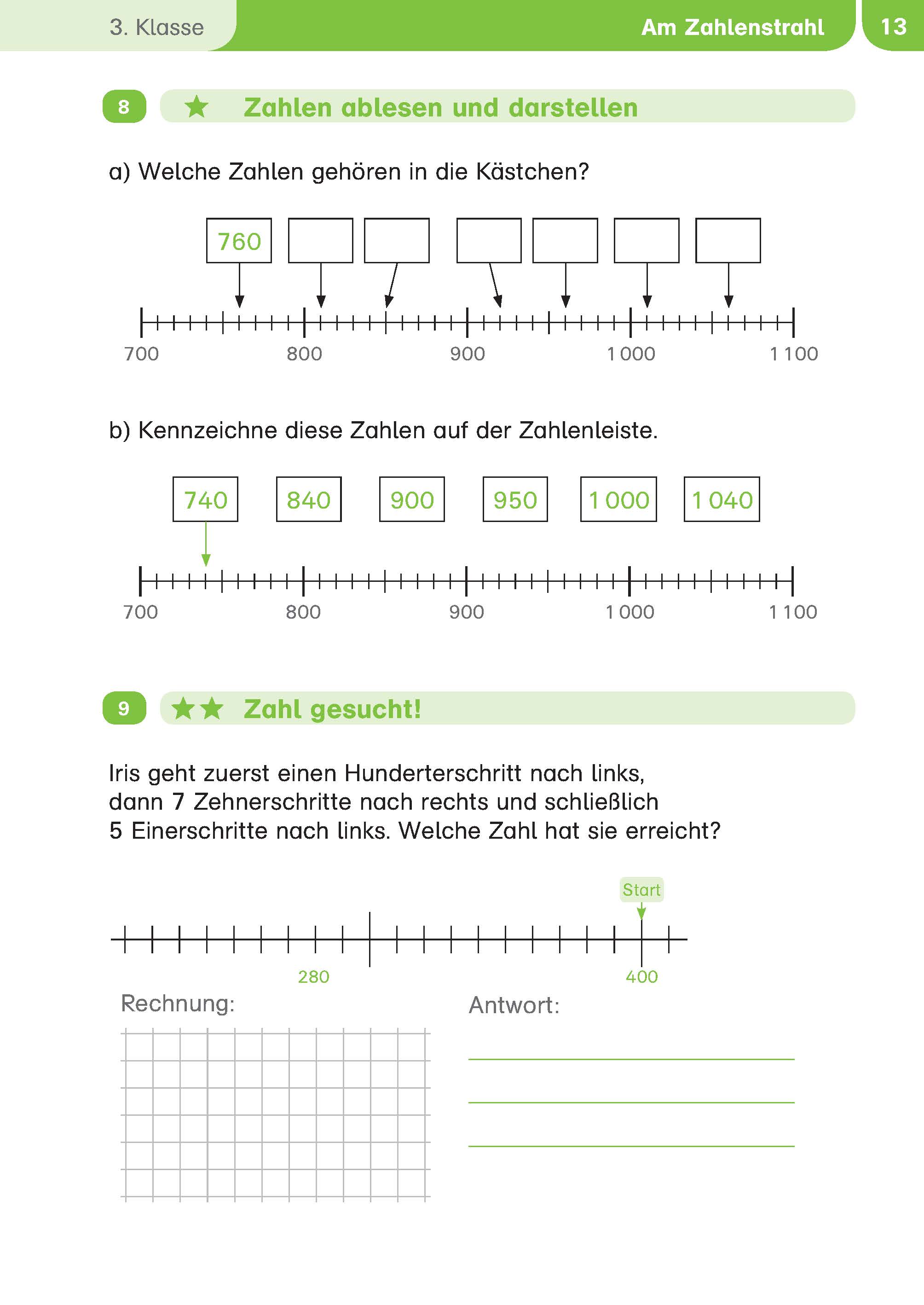 Ein deutsches Arbeitsblatt für Mathematik mit Übungen zum Zahlenstrahl, einschließlich des Eintragens fehlender Zahlen und des Markierens von Zahlen auf einem Zahlenstrahl. Ein Raster für ein zusätzliches mathematisches Problem befindet sich am ...