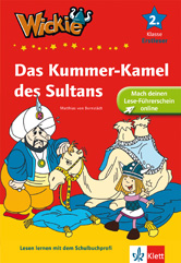 Das Buchcover von Das Kummer-Kamel des Sultans zeigt einen Sultan, zwei Kamele und ein lächelndes, winkendes Mädchen in Wikingertracht mit buntem Text und Grafiken.