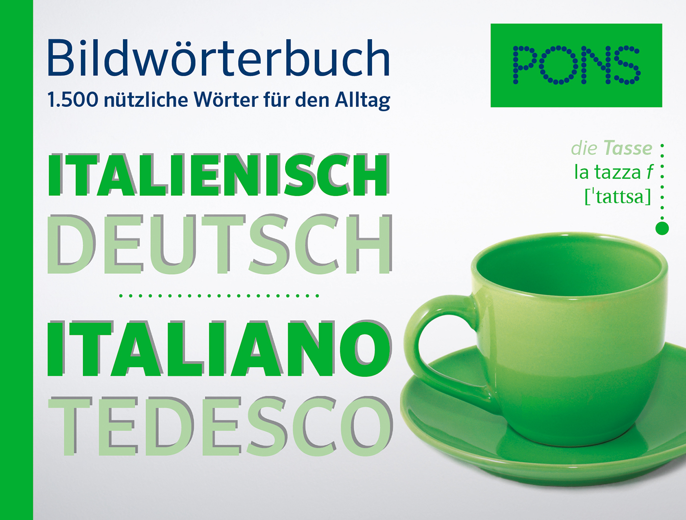 Eine grüne Tasse und Untertasse mit weißer Schrift.