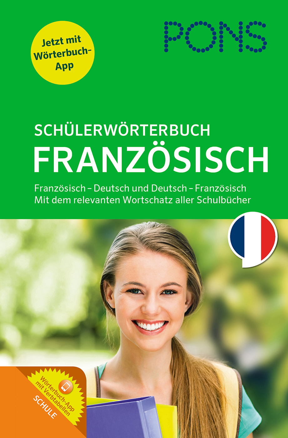 Cover eines deutsch-französischen Schülerwörterbuchs von PONS mit einer lächelnden jungen Frau, die ein Buch in der Hand hält, und einem Symbol der französischen Flagge.