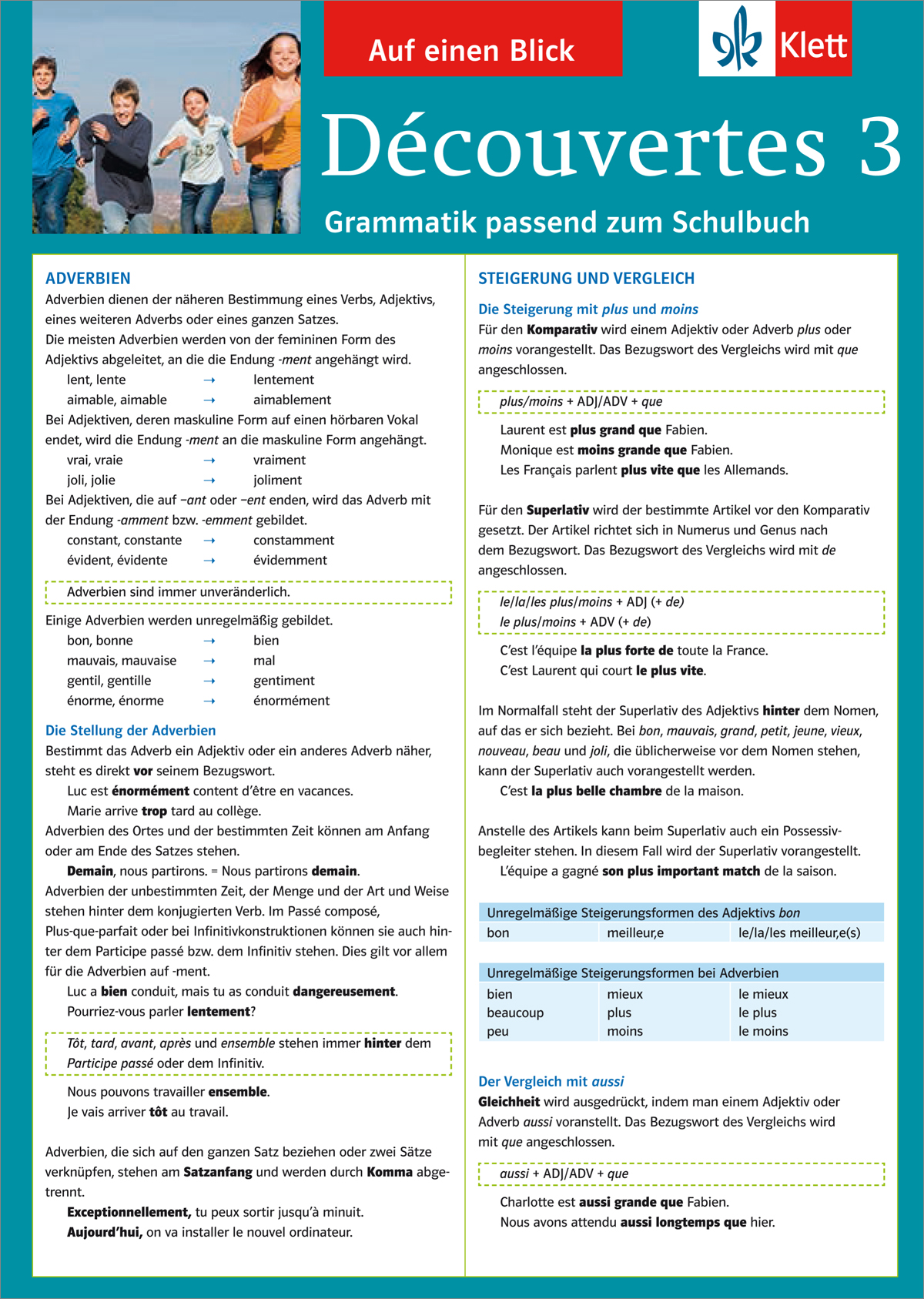 Eine deutschsprachige Grammatikanleitung für Découvertes 3 mit Adverbien, Vergleichen und Beispielen, mit farblich gekennzeichneten Abschnitten und Tabellen zum einfachen Nachschlagen.