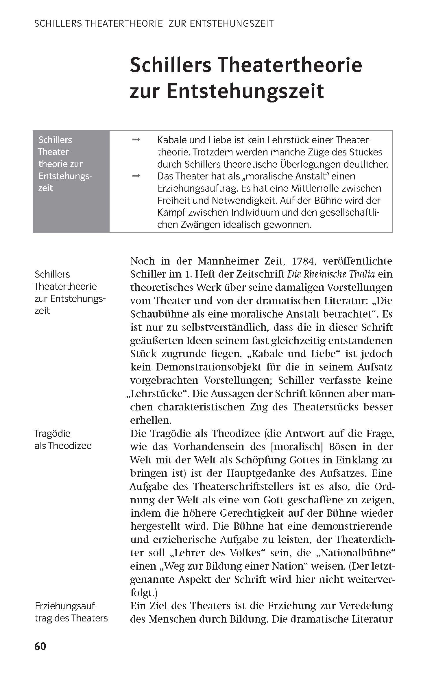 Eine Seite aus einem deutschen Buch erörtert Schillers Theatertheorien und verweist auf Werke wie Theoretische Briefe und Kabale und Liebe, mit Abschnittsüberschriften und einem Faktenkasten auf der linken Seite.