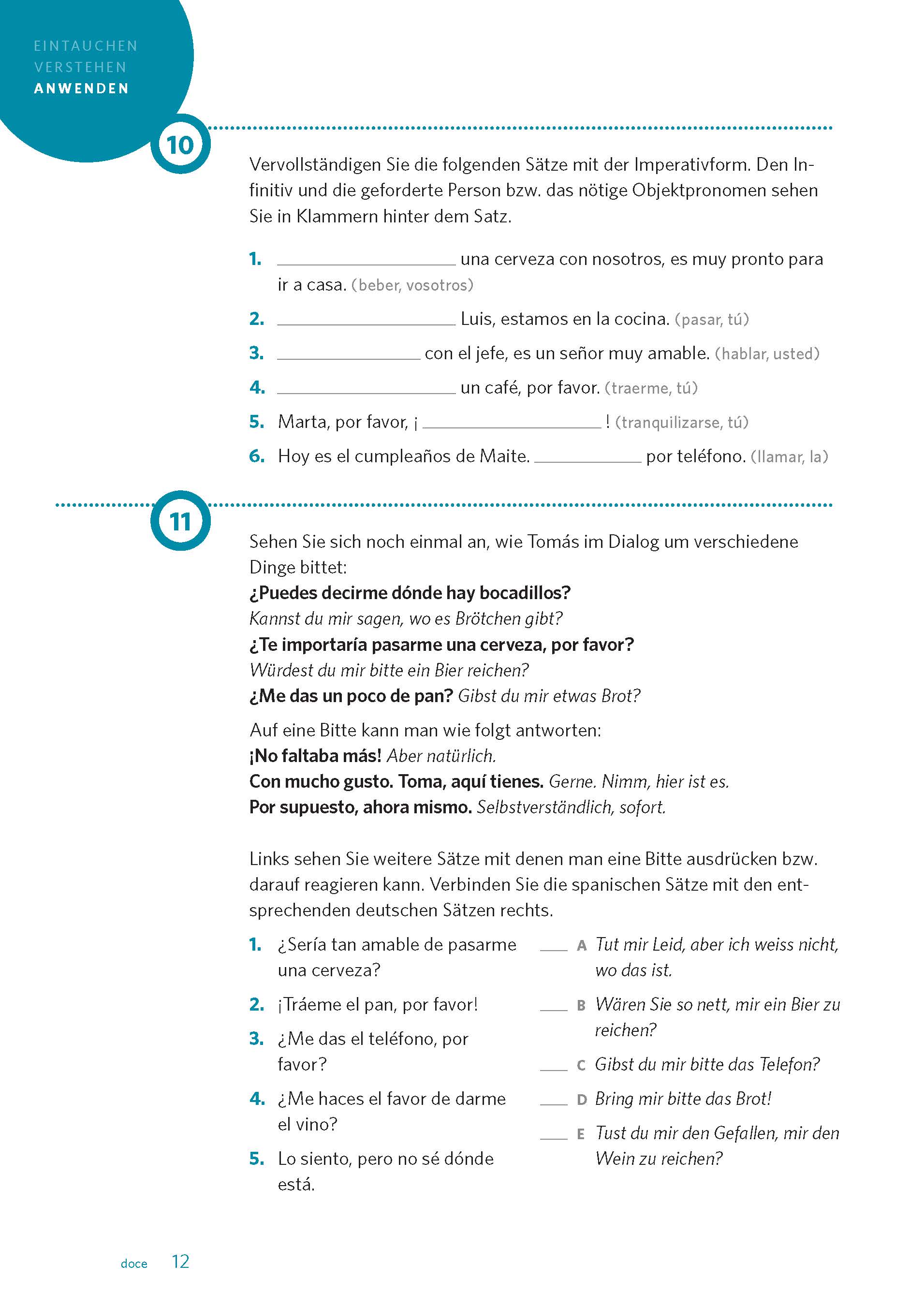 Eine deutschsprachige Arbeitsbuchseite mit Ausfüll- und Zuordnungsaufgaben zu Imperativen und Aufforderungen auf Spanisch. Der blaue und schwarze Text ist in nummerierte Abschnitte unterteilt.
