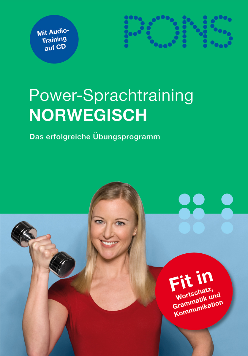 Eine lächelnde Frau in einem roten Hemd hebt eine Hantel vor einem blauen Hintergrund. Der Umschlagtext wirbt für ein norwegisches Sprachtrainingsprogramm mit Audio- und Übungsfunktionen.