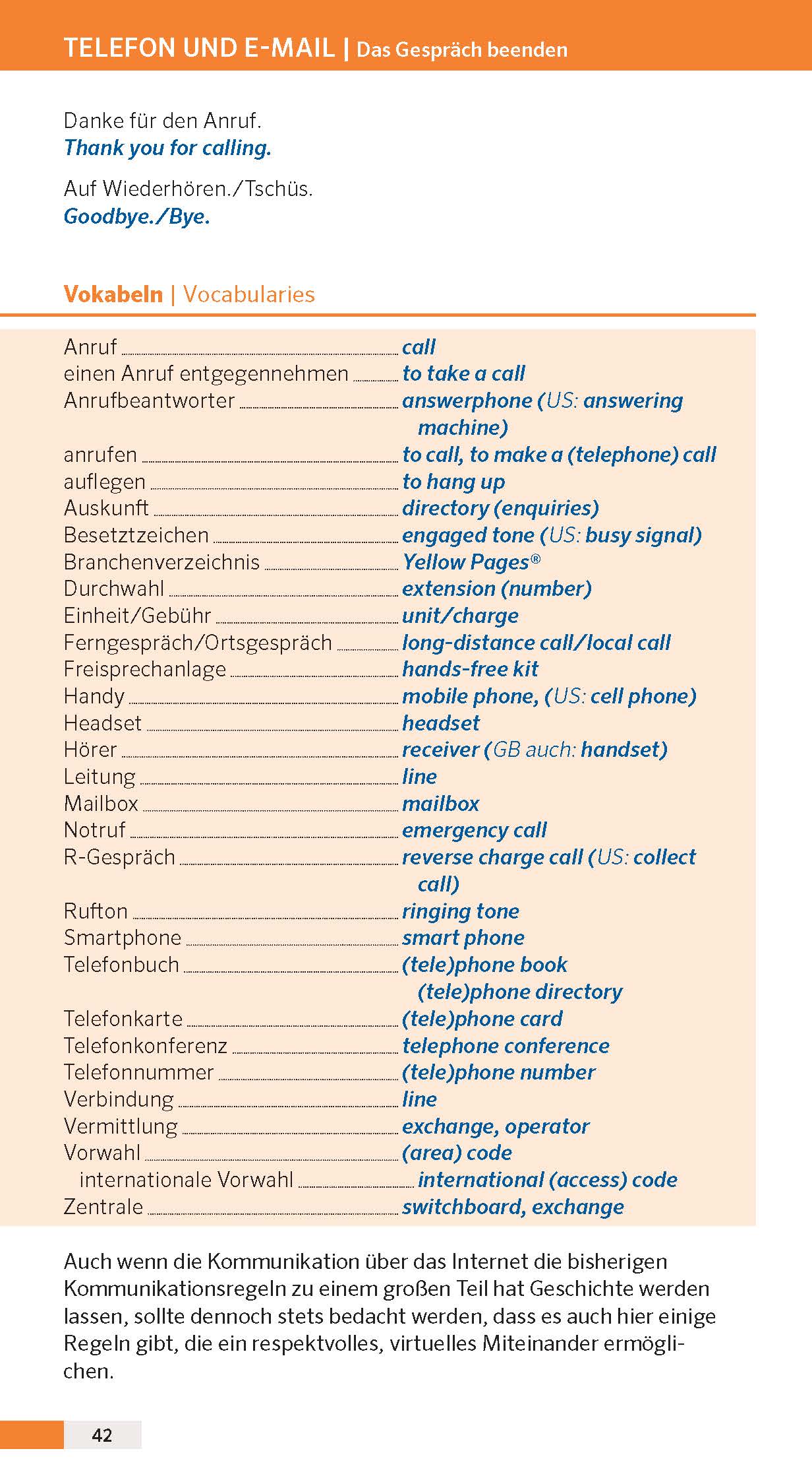 Eine zweisprachige deutsch-englische Vokabelliste für Telefon- und E-Mail-Terminologie, mit deutschen Begriffen auf der linken Seite und ihren englischen Übersetzungen auf der rechten Seite, mit einem orangefarbenen Kopfbereich.