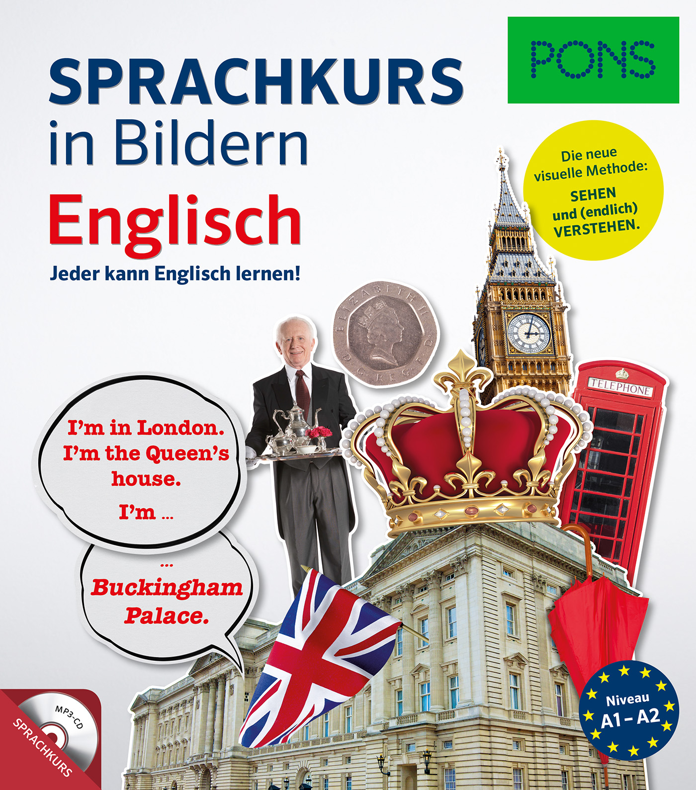 Umschlag eines deutsch-englischen Sprachkursbuchs mit britischen Symbolen wie Big Ben, Buckingham Palace, einer Münze, Krone, Flagge und Sprechblasen auf Englisch.