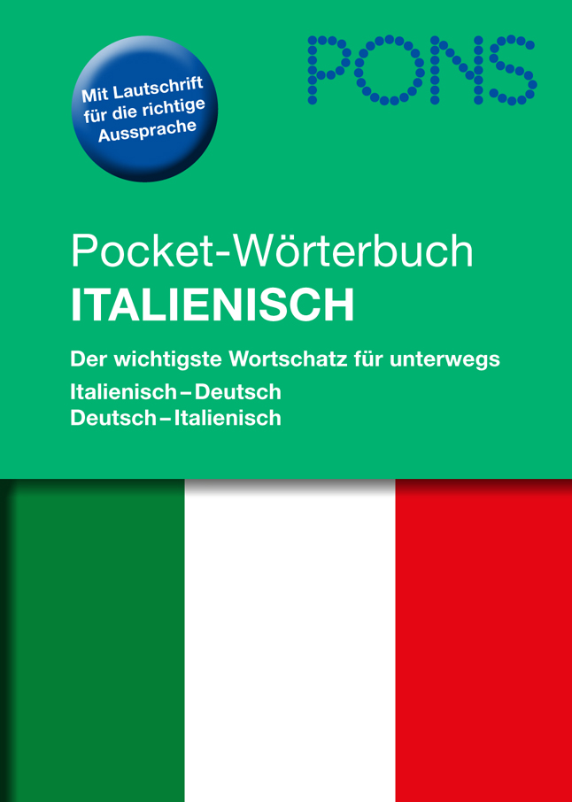 Umschlag eines italienischen Taschenwörterbuchs von PONS mit der italienischen Flagge und dem Hinweis, dass es italienisch-deutsches und deutsch-italienisches Vokabular enthält.
