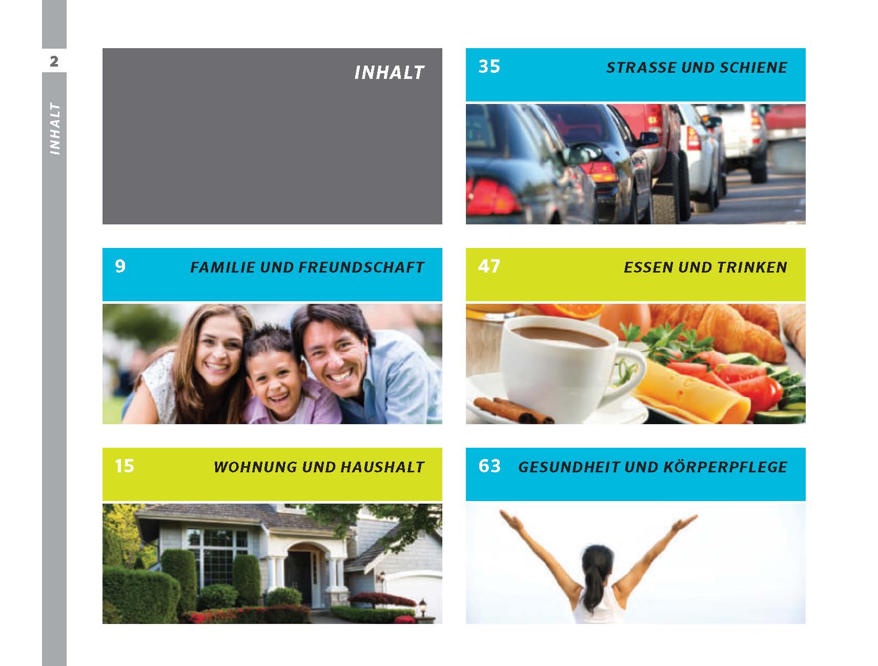 Eine Seite mit einem Inhaltsverzeichnis mit Kapitelüberschriften und Bildern: Freundschaft, Verkehr, Ernährung, Haushalt und Gesundheit; jedes Kapitel ist mit einem farbigen Banner und einer Seitenzahl hervorgehoben.