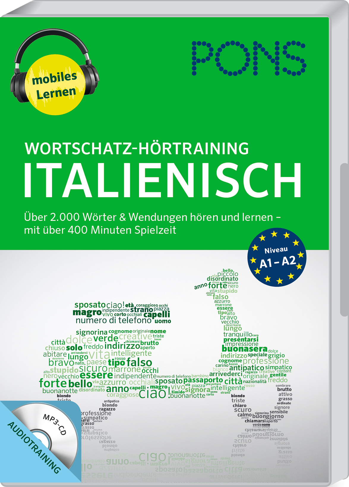 Cover des deutschsprachigen Hörbuchs PONS Wortschatz-Hörtraining Italienisch mit italienischen Wörtern in Form von Italien, geeignet für die Niveaustufen A1 bis A2.