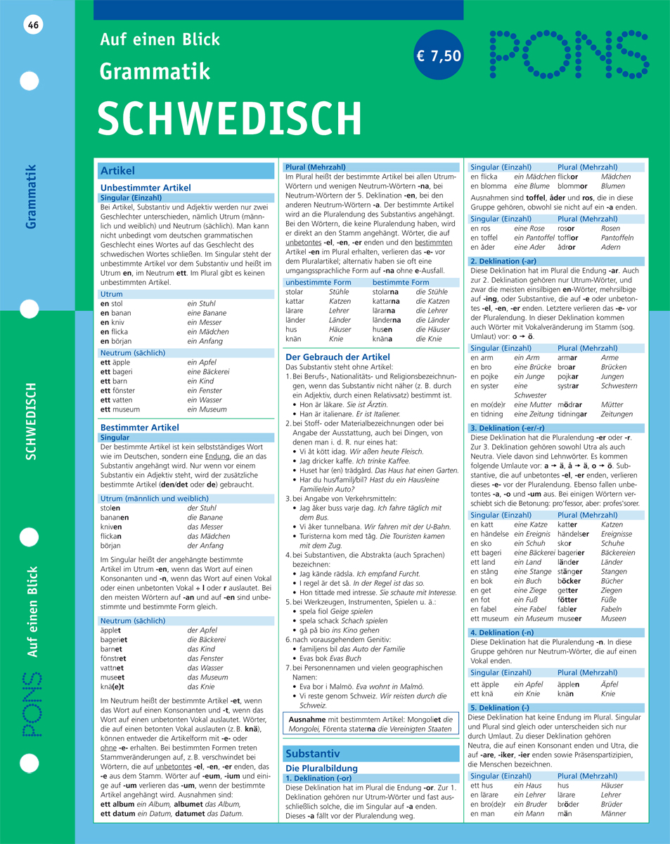 Ein deutschsprachiges Nachschlagewerk von PONS, das die schwedischen Grammatikregeln für Artikel und Plural zusammenfasst, gegliedert in farblich gekennzeichnete Abschnitte mit Tabellen und Aufzählungspunkten.