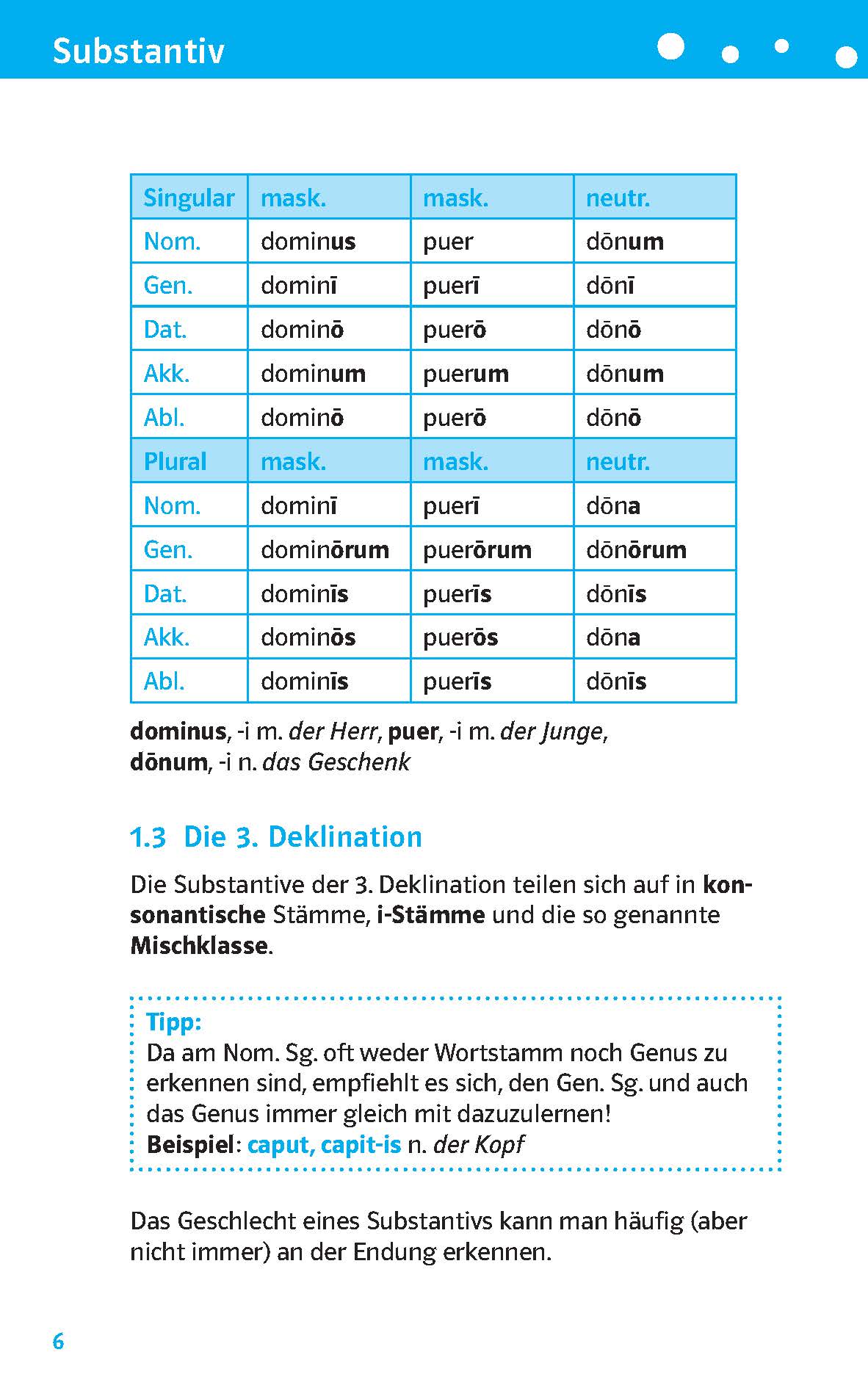 Eine deutsche Grammatiktabelle zeigt die Deklinationen der Substantive dominus, puer und donum in der Einzahl und Mehrzahl, zusammen mit Erklärungen und einem hervorgehobenen Tippkasten.