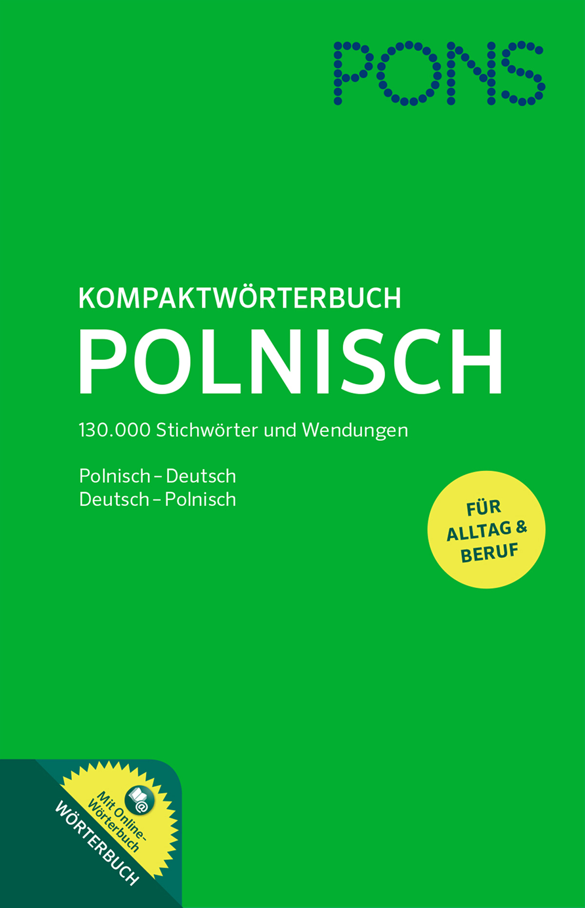 Cover des PONS Kompaktwörterbuchs Polnisch mit 130.000 Einträgen; grüner Hintergrund mit Text und gelber Plakette.
