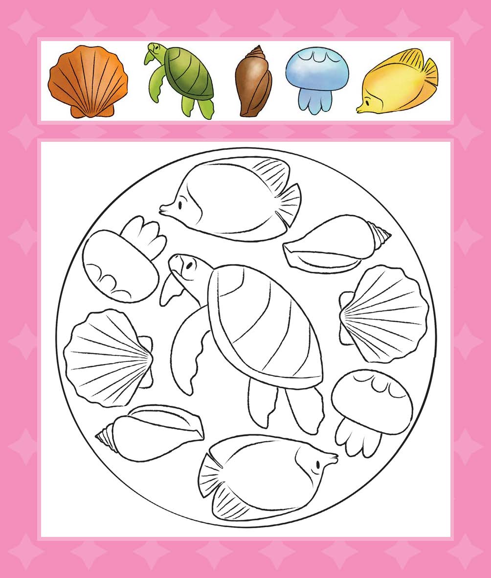 Eine schwarz-weiße Malvorlage mit Meerestieren, darunter eine Schildkröte, Fische, Muscheln und Quallen, mit farbigen Beispielen der einzelnen Tiere, die über dem Kreis angezeigt werden.