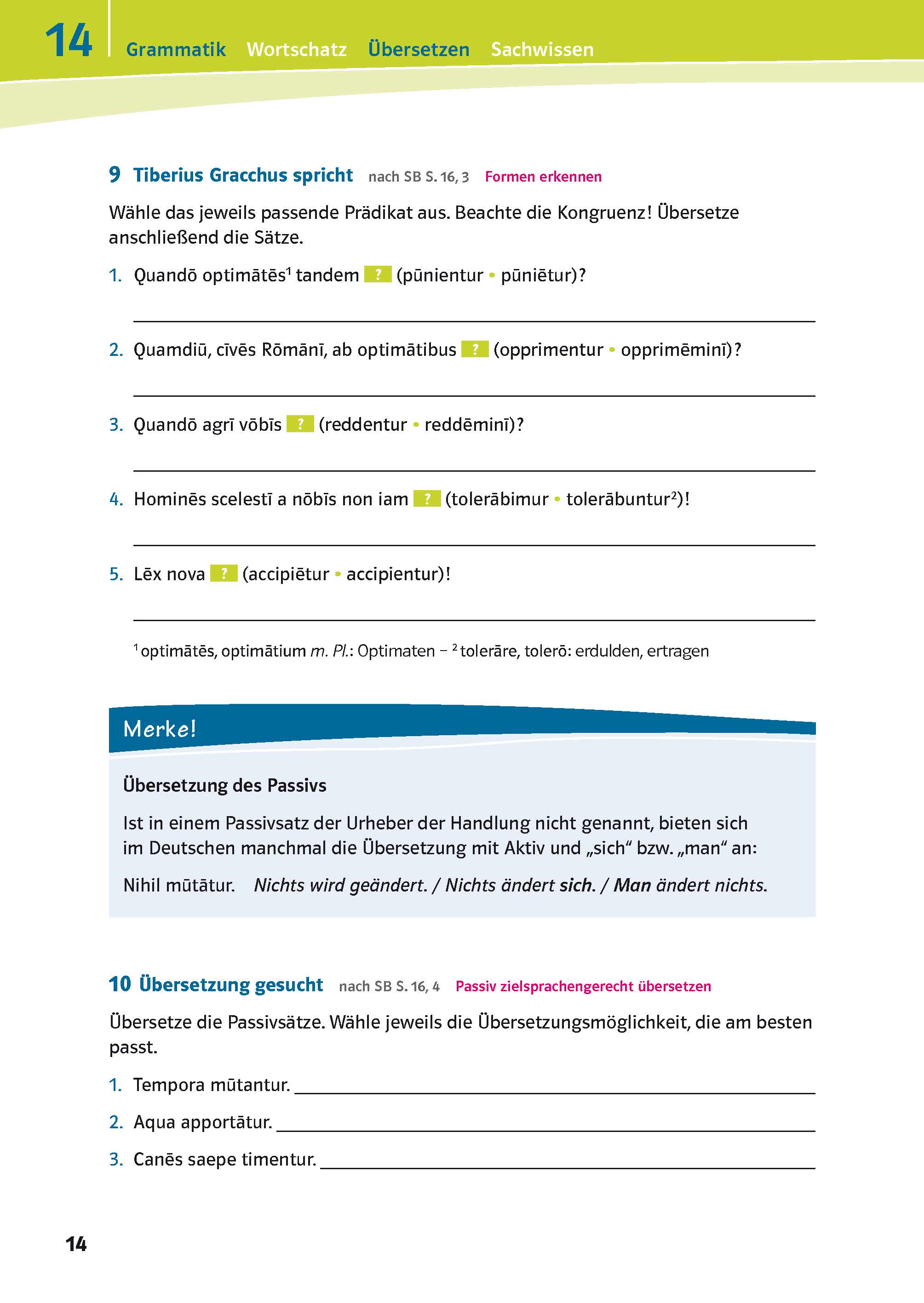 Eine Seite des Arbeitsbuchs für die deutsche Sprache enthält eine lateinische Übersetzungsübung über Tiberius Gracchus, mit Abschnitten zum Zuordnen, Übersetzen und Hinweisen zum Passiv und zu neuen Vokabeln.