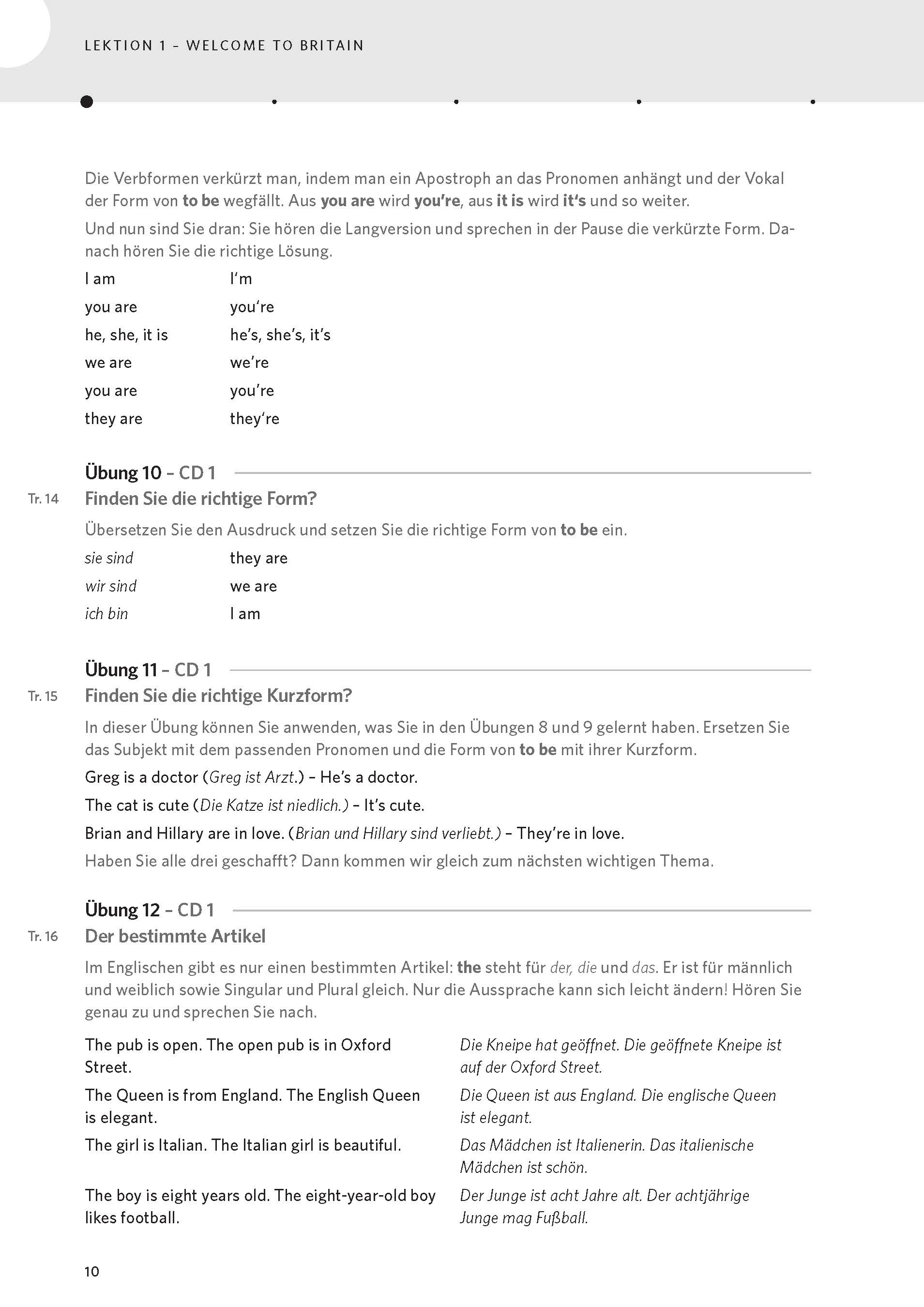 Eine Lehrbuchseite mit Übungen und Erklärungen zu englischen Kontraktionen und Formen von to be, mit Tabelle, Anleitung und Text in Deutsch und Englisch.