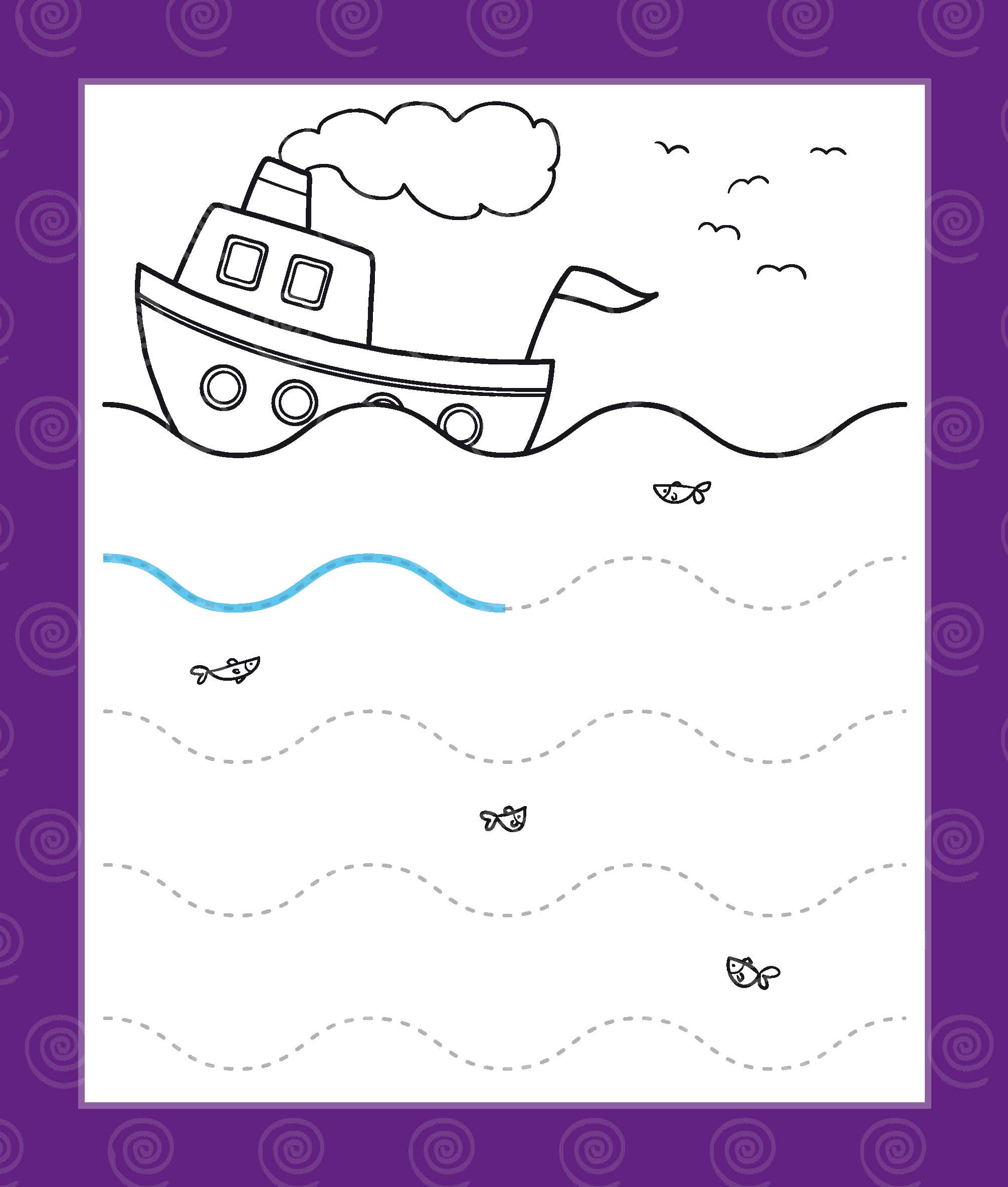 Ein Cartoonboot schwimmt auf welligem Wasser mit Fischen und Vögeln in der Nähe; gestrichelte Linien und eine blaue Linie stellen Wellen dar, eingerahmt von einem violetten Rand.