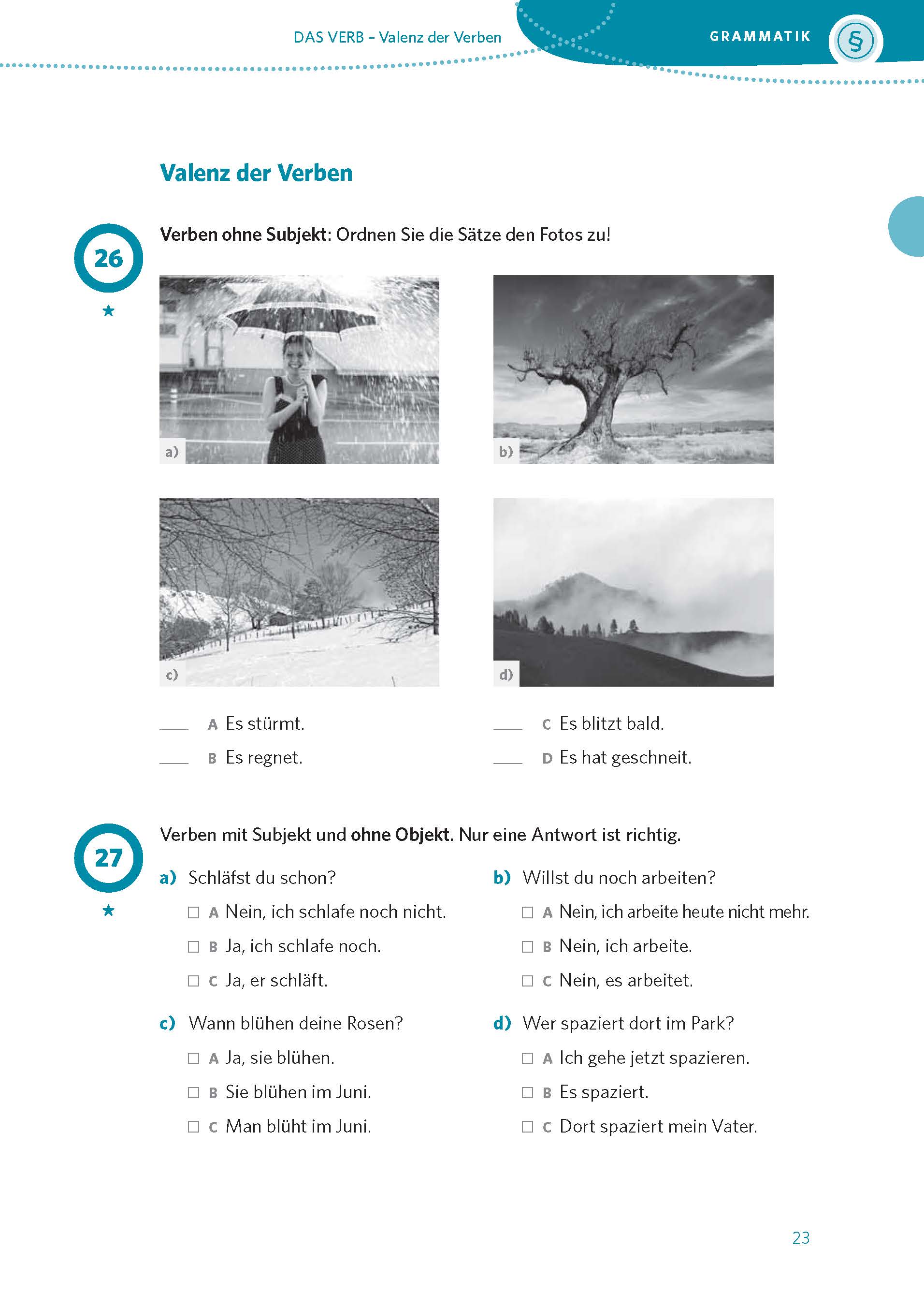 Eine deutsche Grammatikseite mit Verbübungen, Schwarz-Weiß-Fotos, Multiple-Choice-Fragen und Feldern zum Eintragen der Antworten.