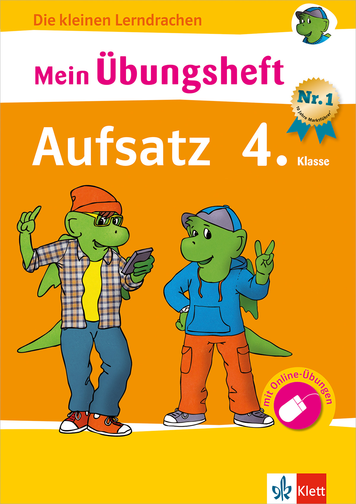 Zwei Cartoon-Drachen in Freizeitkleidung stehen und interagieren auf dem Cover eines deutschen Arbeitsbuchs mit dem Titel Mein Übungsheft Aufsatz 4. Klasse von Klett.
