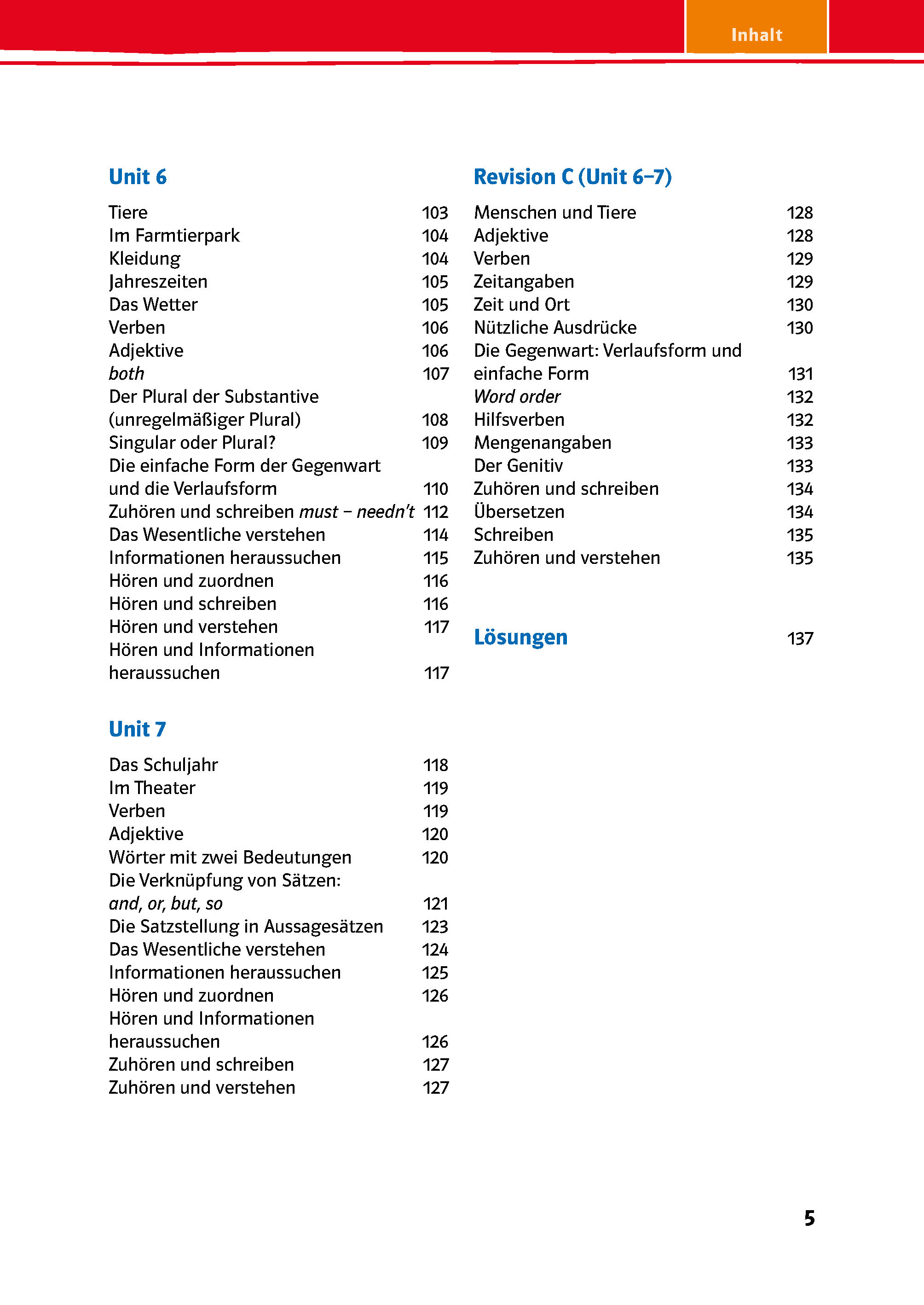 Ein Inhaltsverzeichnis in deutscher Sprache, in dem die Themen der Einheiten 6 und 7 aufgeführt sind, sowie ein Überarbeitungsteil mit den entsprechenden Seitenzahlen.