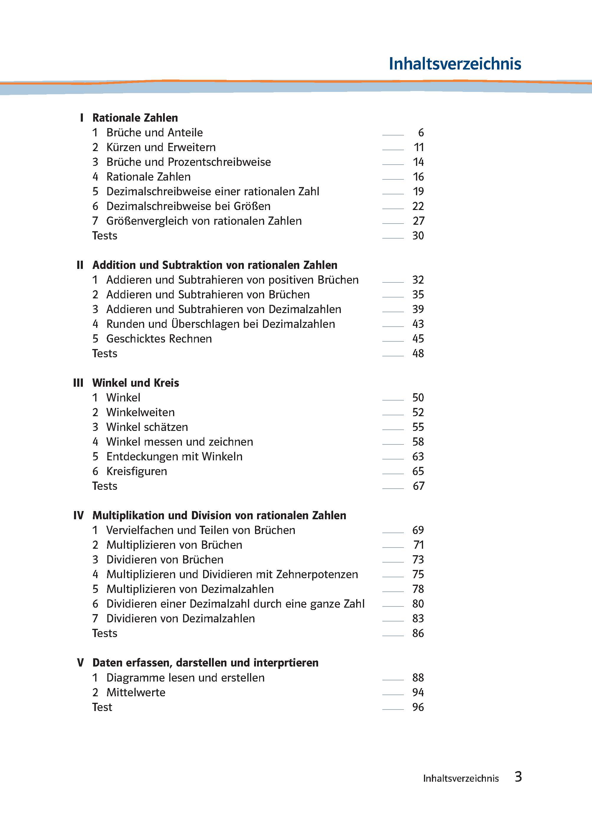 Inhaltsverzeichnis eines Mathematiklehrbuchs mit Kapiteln und Abschnitten zu rationalen Zahlen, Brüchen, Dezimalzahlen, Winkeln und Kreisen und den entsprechenden Seitenzahlen.