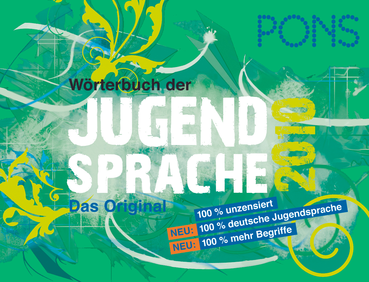 Cover des PONS Wörterbuchs der Jugendsprache 2010 mit farbenfrohen abstrakten Grafiken und Werbetext auf Deutsch.