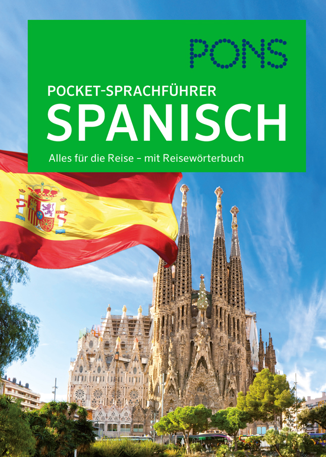 Umschlag eines Taschenführers in spanischer Sprache mit der Sagrada Familia in Barcelona und einer spanischen Flagge im Vordergrund.