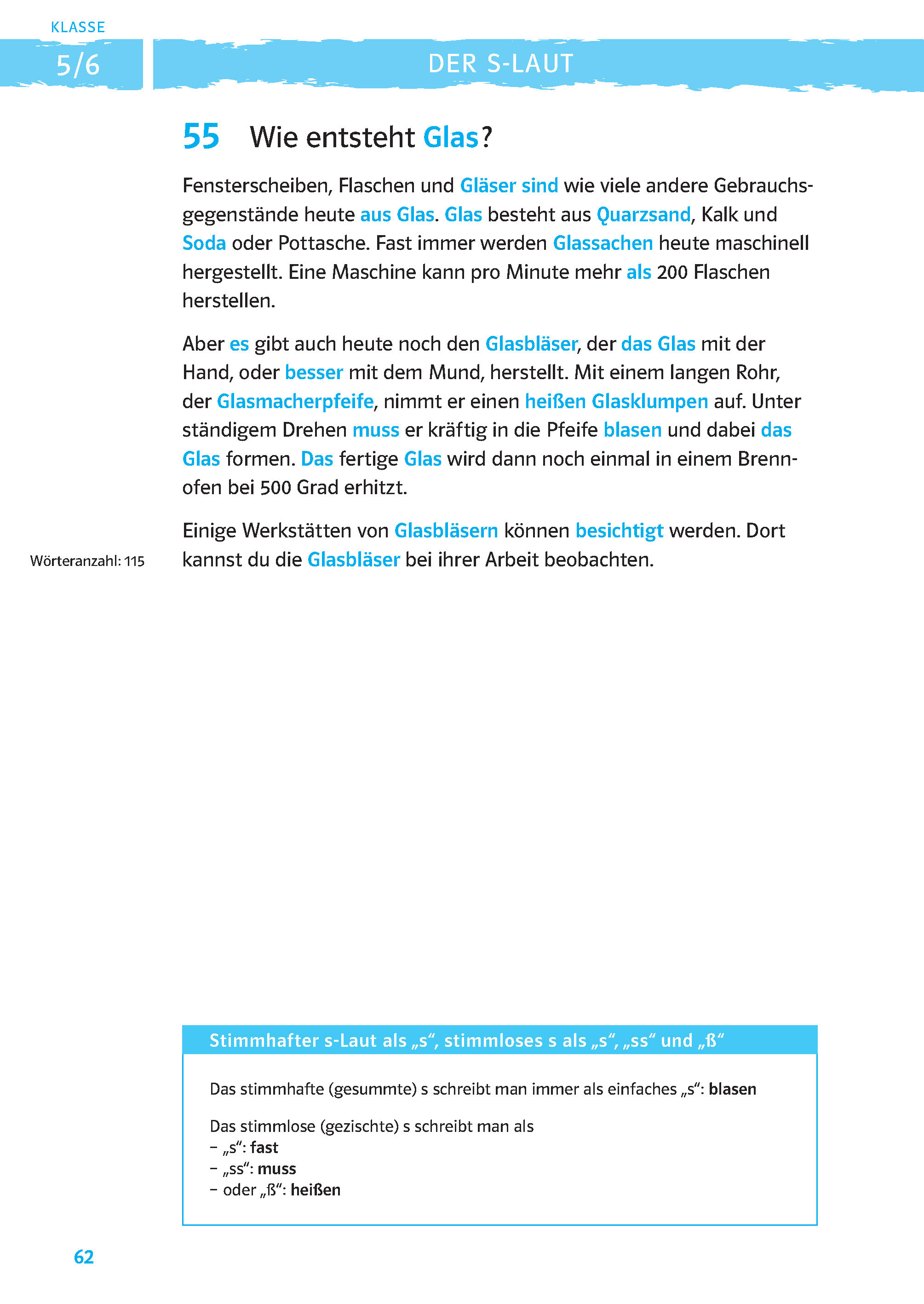 Eine deutsche Lehrbuchseite erklärt, wie Glas hergestellt wird, enthält einen hervorgehobenen blauen Kasten über den Glasbläser und enthält Definitionen und Beispiele für den deutschen S-Laut.
