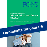 Umschlag eines PONS Englisch-Vokabelheftes mit dem Text Lerninhalte für phase-6 auf der Vorderseite und einer Teilabbildung von Schülern, die Lernkarten halten, am unteren Rand.