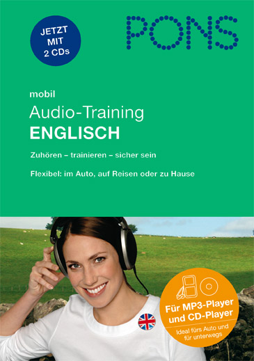 Das Cover eines PONS-Audio-Trainingsprodukts für Englisch zeigt eine lächelnde Frau mit Kopfhörern und einen Text, der die Funktionen des Produkts für MP3- und CD-Player beschreibt.
