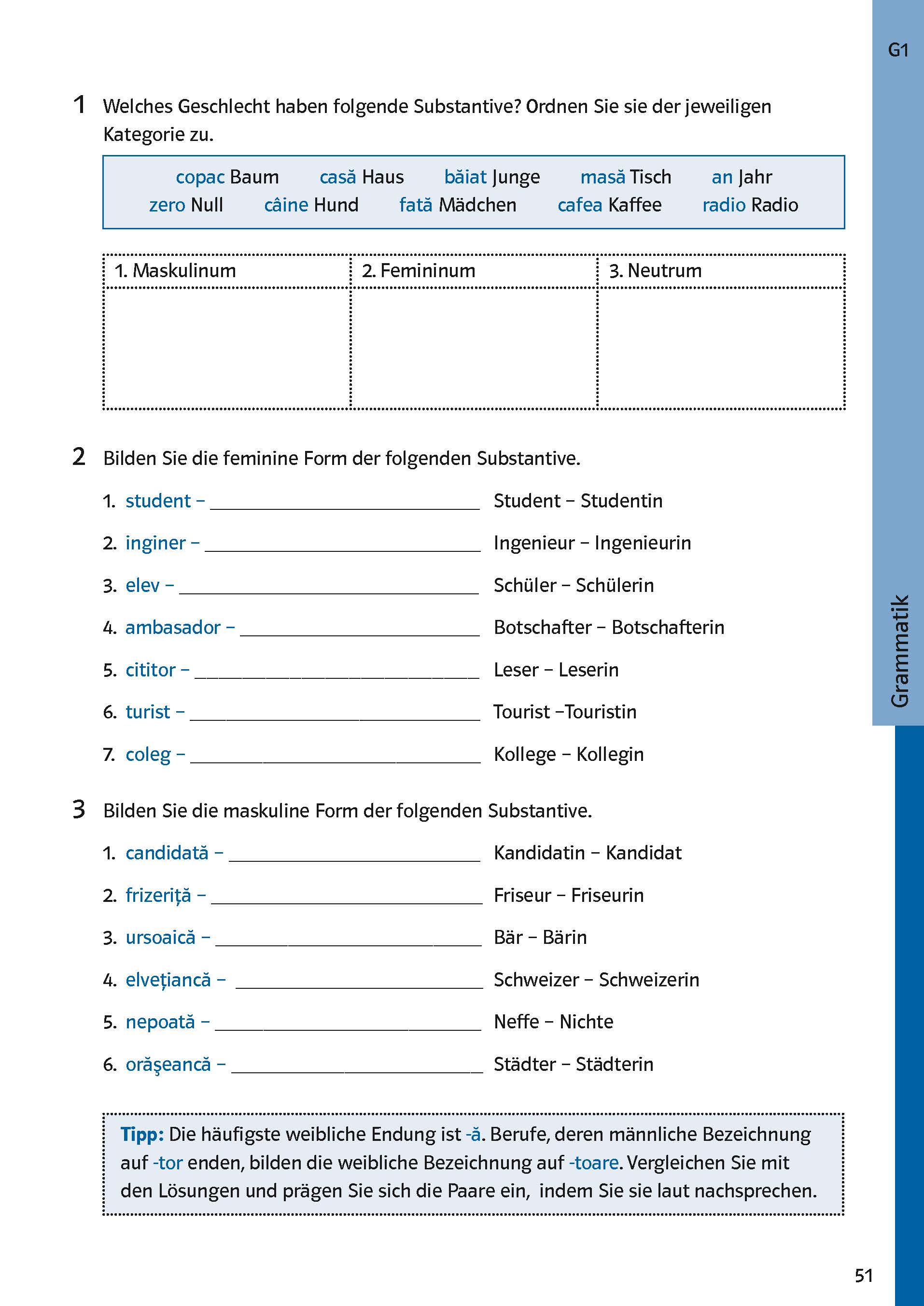 Ein Arbeitsblatt zur deutschen Grammatik mit Übungen zum Genus der Substantive und zur Bildung der männlichen und weiblichen Form von Berufen, mit Tabellen, Listen und Anleitungen.