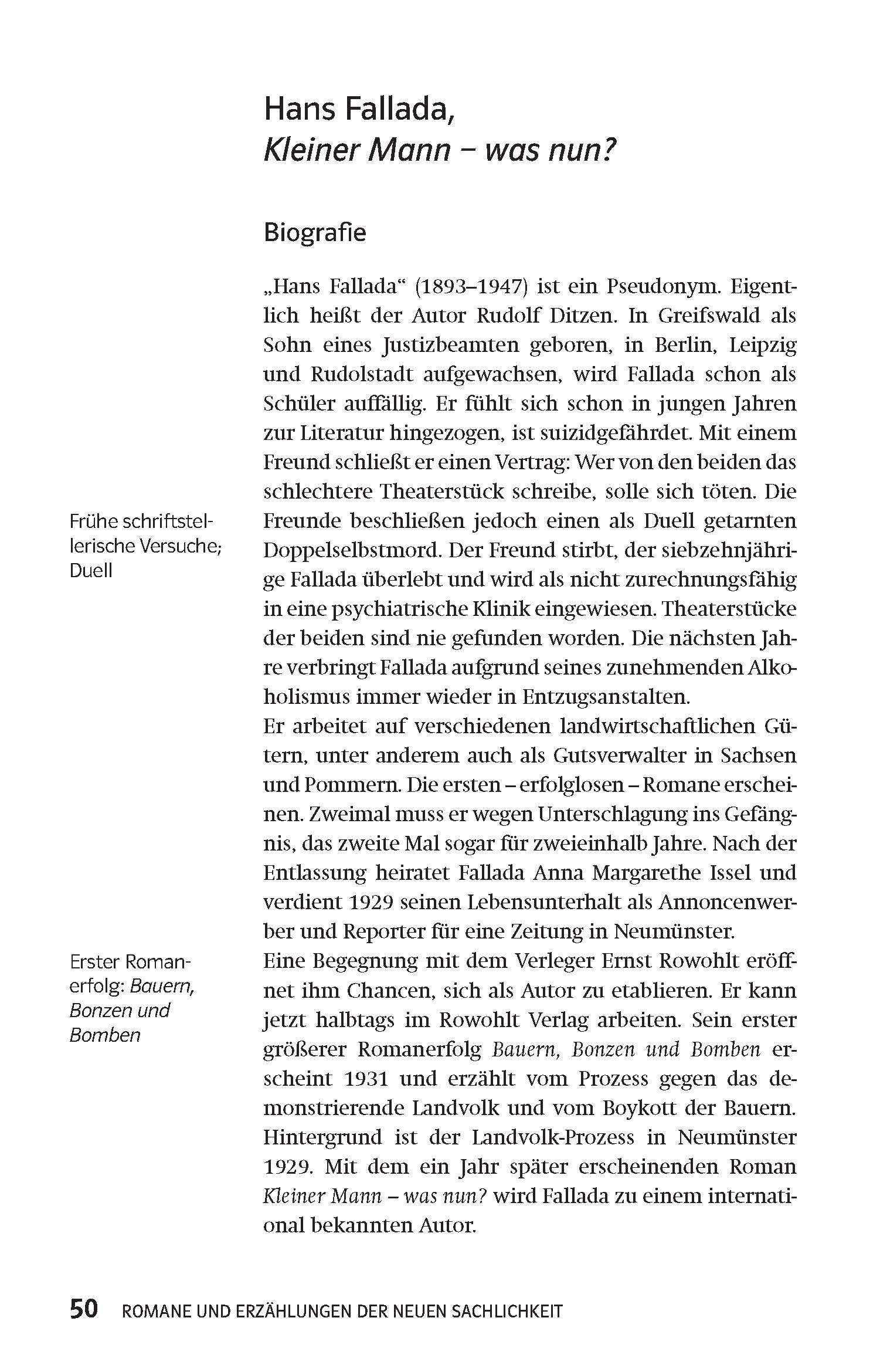 Eine Seite aus einem deutschen Buch mit einer Biografie von Hans Fallada, einschließlich Textblöcken und Kapitelüberschriften, mit Schwerpunkt auf seinem frühen Schreiben und seinem ersten Roman.