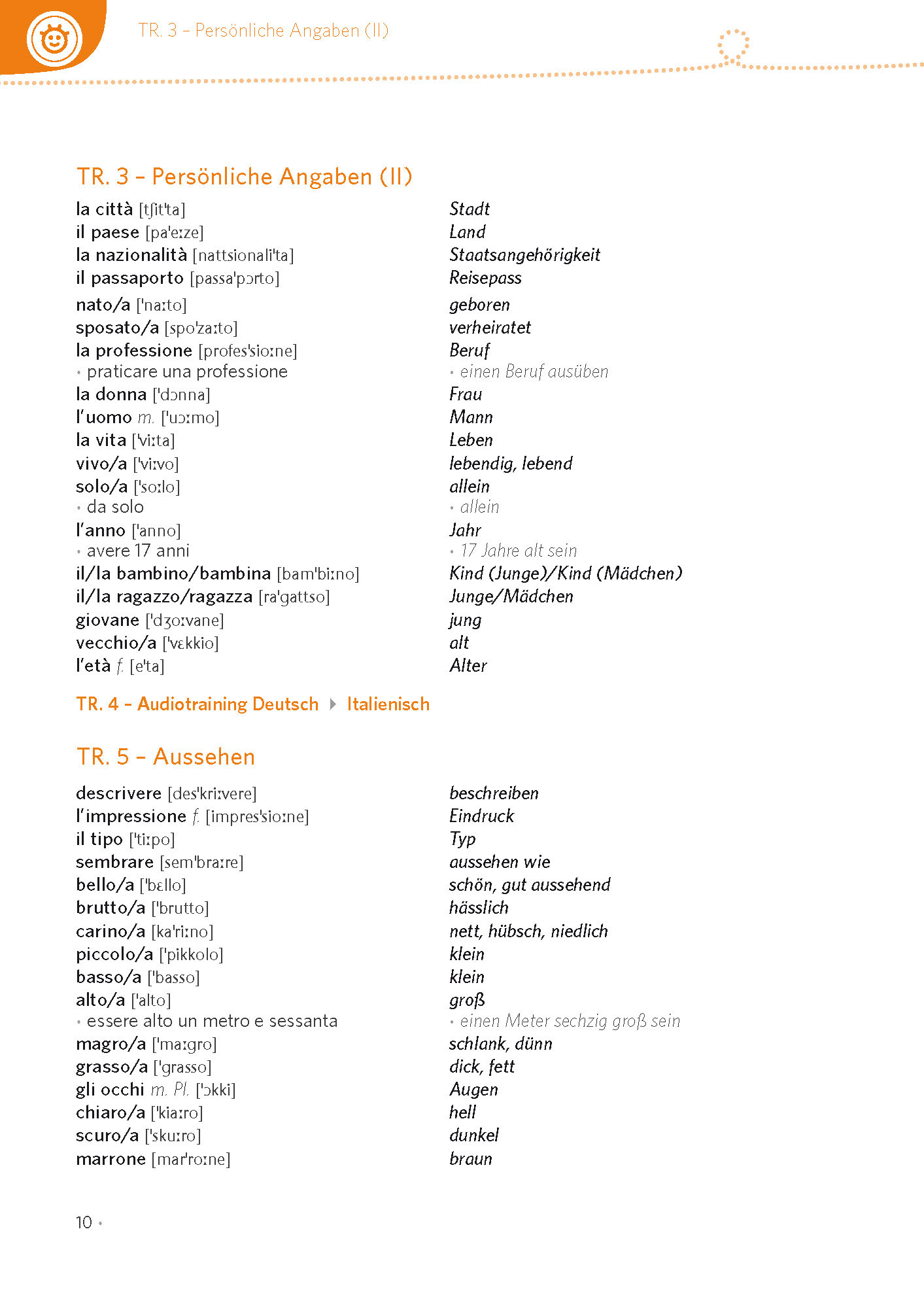 Eine Vokabelliste mit deutschen, italienischen und englischen Übersetzungen für persönliche Angaben, einschließlich Wörter für Stadt, Nationalität, Beruf, Geschlecht, Alter und verwandte Begriffe.