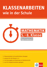 Buchumschlag für ein Mathematik-Arbeitsheft für die Klassen 5 bis 8 mit dem Titel Klassenarbeiten wie in der Schule, mit einem Stoppuhr-Symbol und orange-gelb-weißem Design.