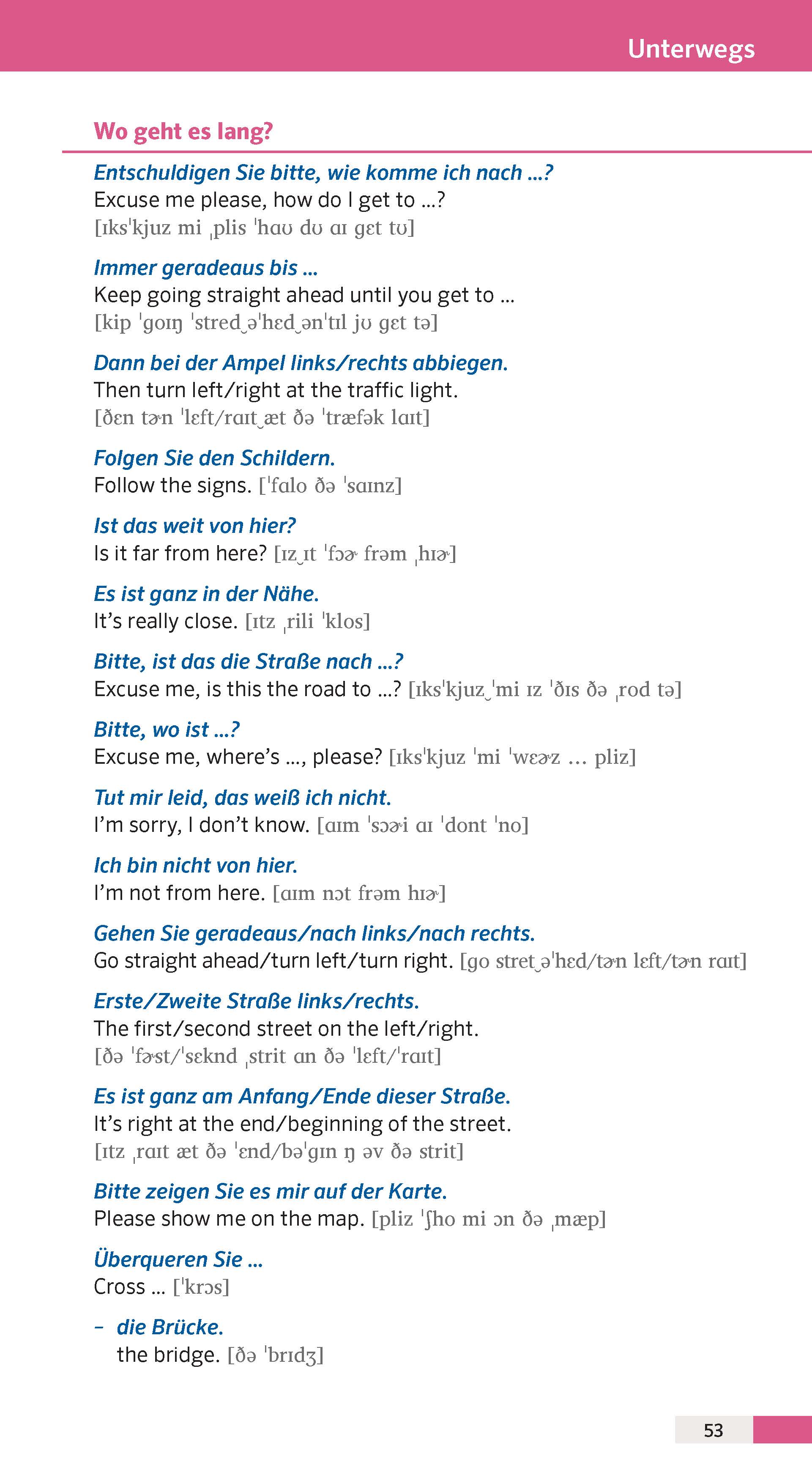 Eine deutsch-englische Sprachführerseite mit gebräuchlichen Reisesätzen, deren Aussprache und englischen Übersetzungen, die sich auf das Erfragen und Geben von Wegbeschreibungen konzentrieren.