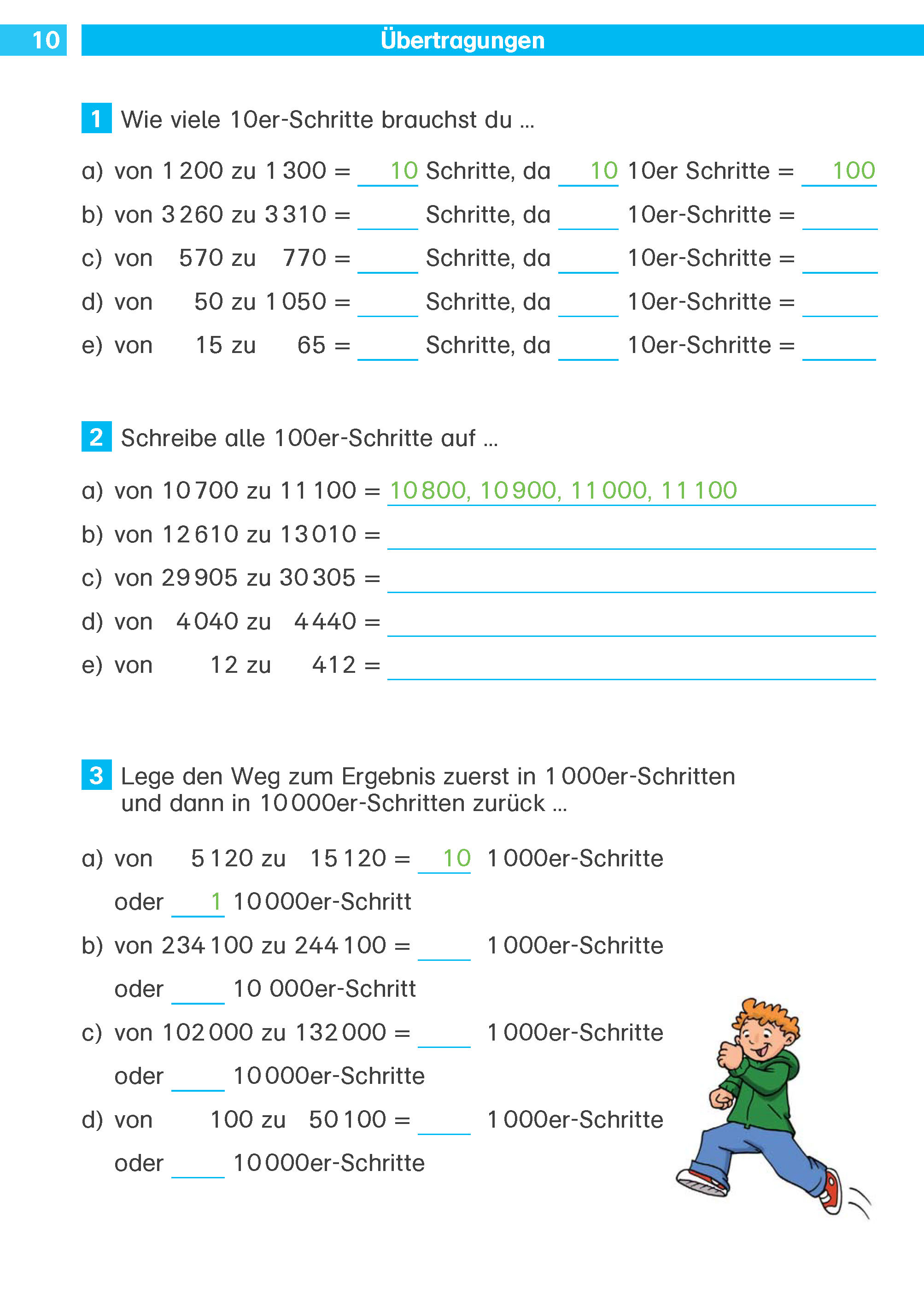 Ein deutsches Mathe-Arbeitsblatt mit Übungen zum Zählen in 10er- und 1000er-Schritten, mit einem Cartoon-Kind, das in der unteren rechten Ecke läuft. Blaue und grüne Hervorhebungen werden überall verwendet.