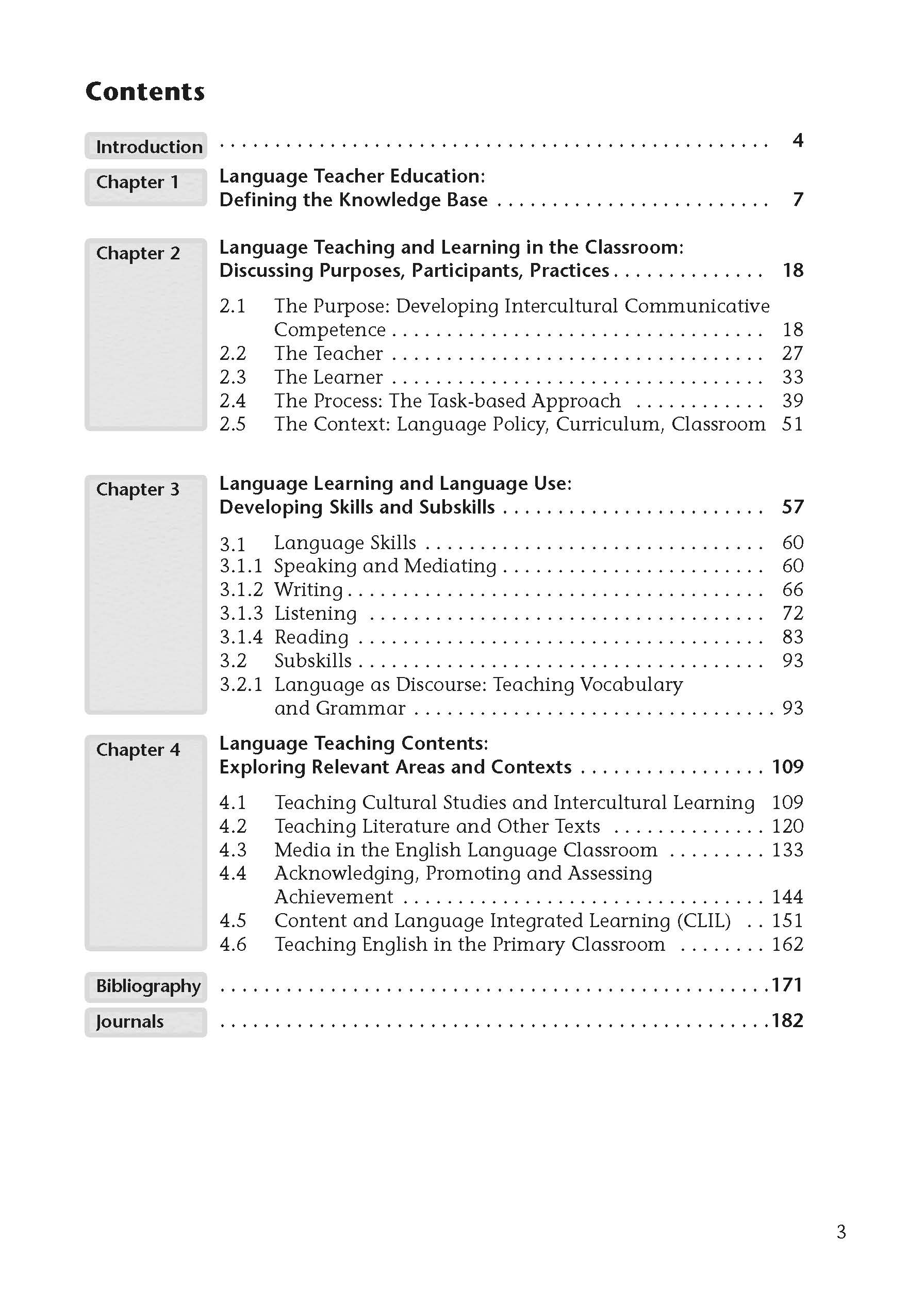 Inhaltsverzeichnis mit einer Auflistung der Kapitel und Abschnitte über die Ausbildung von Sprachlehrern, das Lernen im Klassenzimmer, Sprachkenntnisse und Unterrichtskontexte mit den entsprechenden Seitenzahlen.