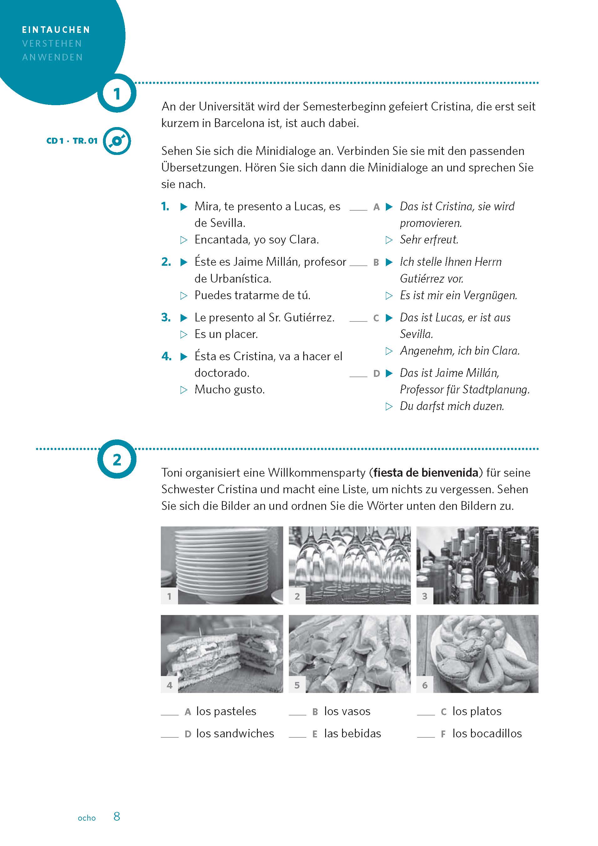 Eine deutschsprachige Lehrbuchseite mit Dialogen zur Vorstellung von Personen, Vokabelerklärungen und einer kurzen Übung zur Organisation eines Willkommensfestes.