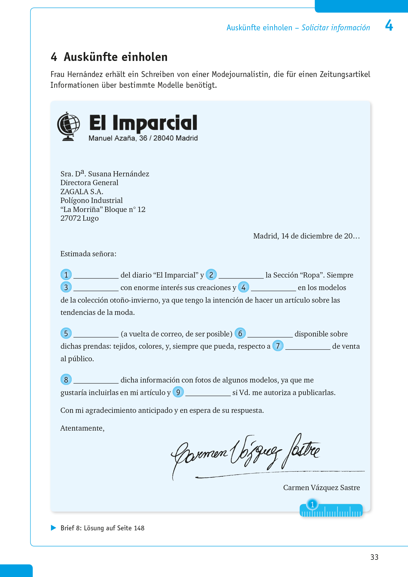 Gedrucktes Schreiben eines Journalisten in spanischer Sprache mit der Bitte um Informationen über die neue Winterkollektion eines Bekleidungsunternehmens, adressiert an einen Direktor, mit Unterschrift am Ende.