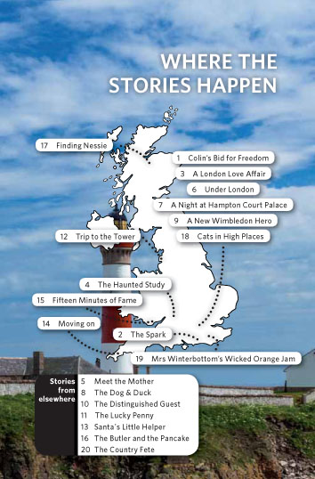 Eine Karte des Vereinigten Königreichs mit nummerierten Story-Titeln an verschiedenen Orten und der Überschrift Where the Stories Happen.