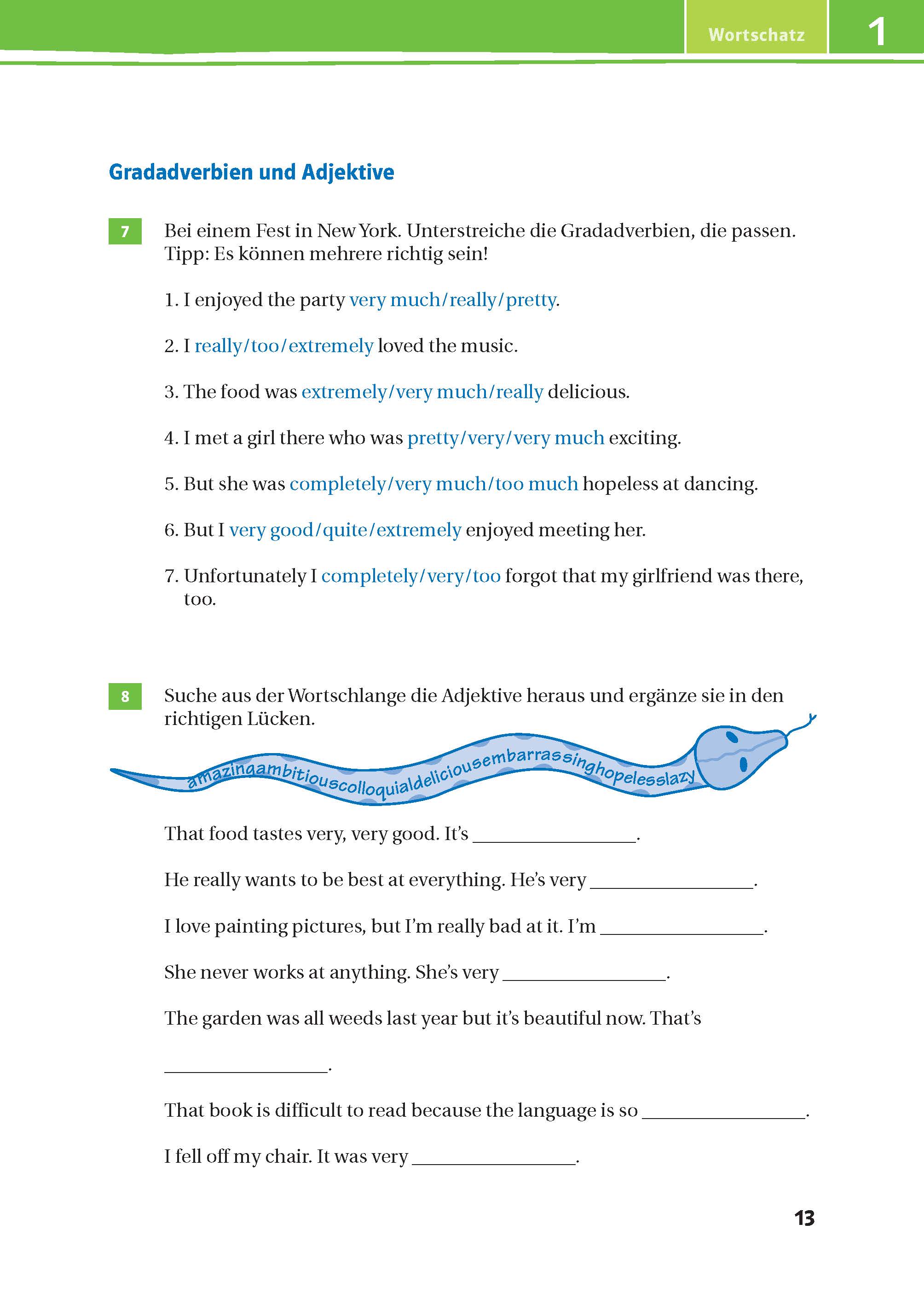 Eine Seite aus dem Lehrbuch der deutschen Sprache mit Wortschatzübungen, Sätzen, die mit Adjektiven zu vervollständigen sind, und einer Wortsuchaufgabe mit einer Fischillustration.