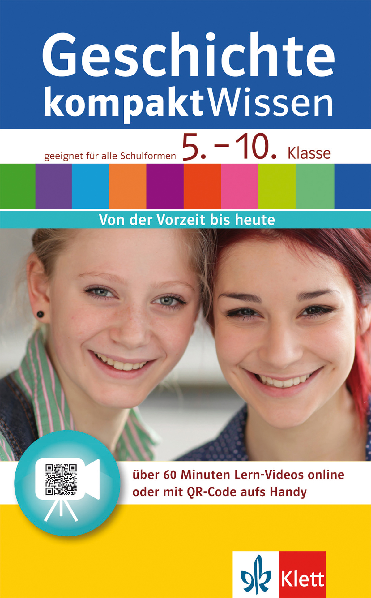 Umschlag eines Lehrbuchs zur deutschen Geschichte für die Klassen 5-10 mit zwei lächelnden Schülern, bunten Blöcken und einem QR-Code für ein Online-Lernvideo.