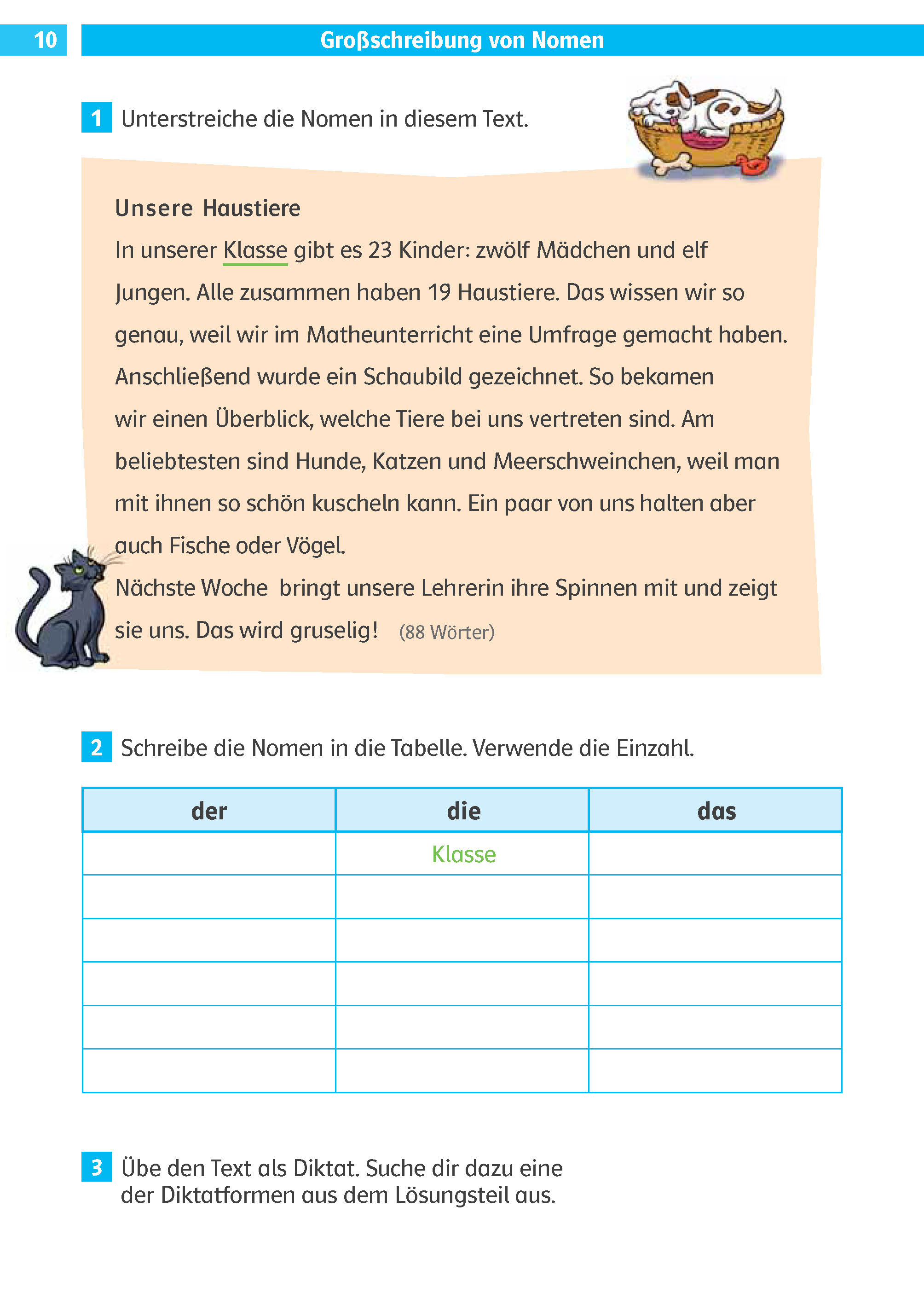 Ein deutschsprachiges Arbeitsblatt mit einem Text über Haustiere, einer Tabelle zum Auflisten von Substantiven und einer Katzenillustration in der Ecke.