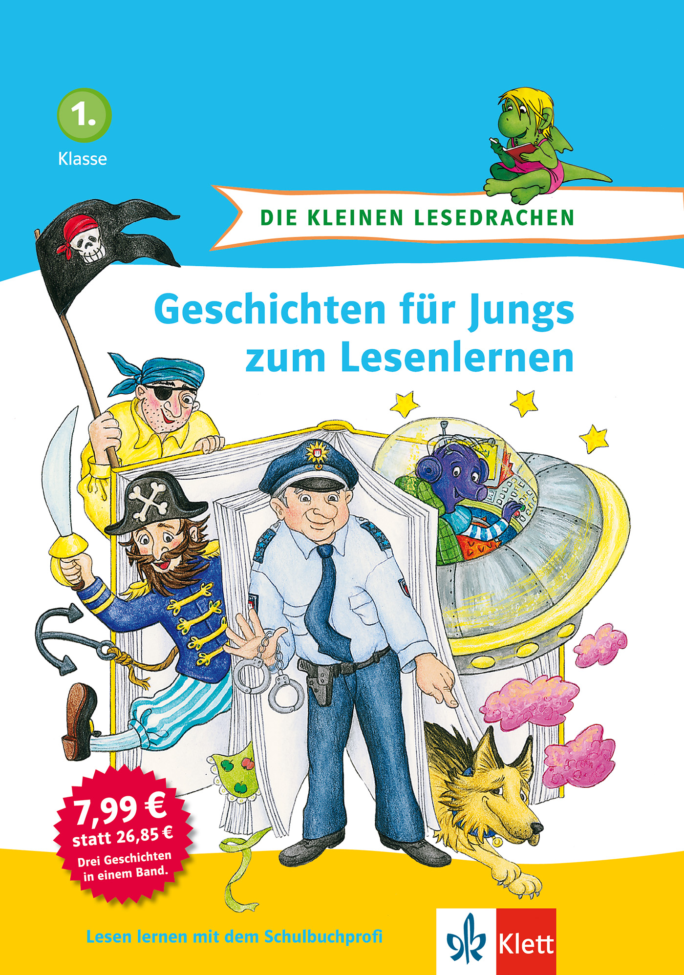 Buchumschlag für Geschichten für Jungs zum Lesenlernen mit Illustrationen eines Polizisten, eines Piraten, eines Ritters, eines Drachens und eines kleinen grünen Drachens, der ein Buch liest.